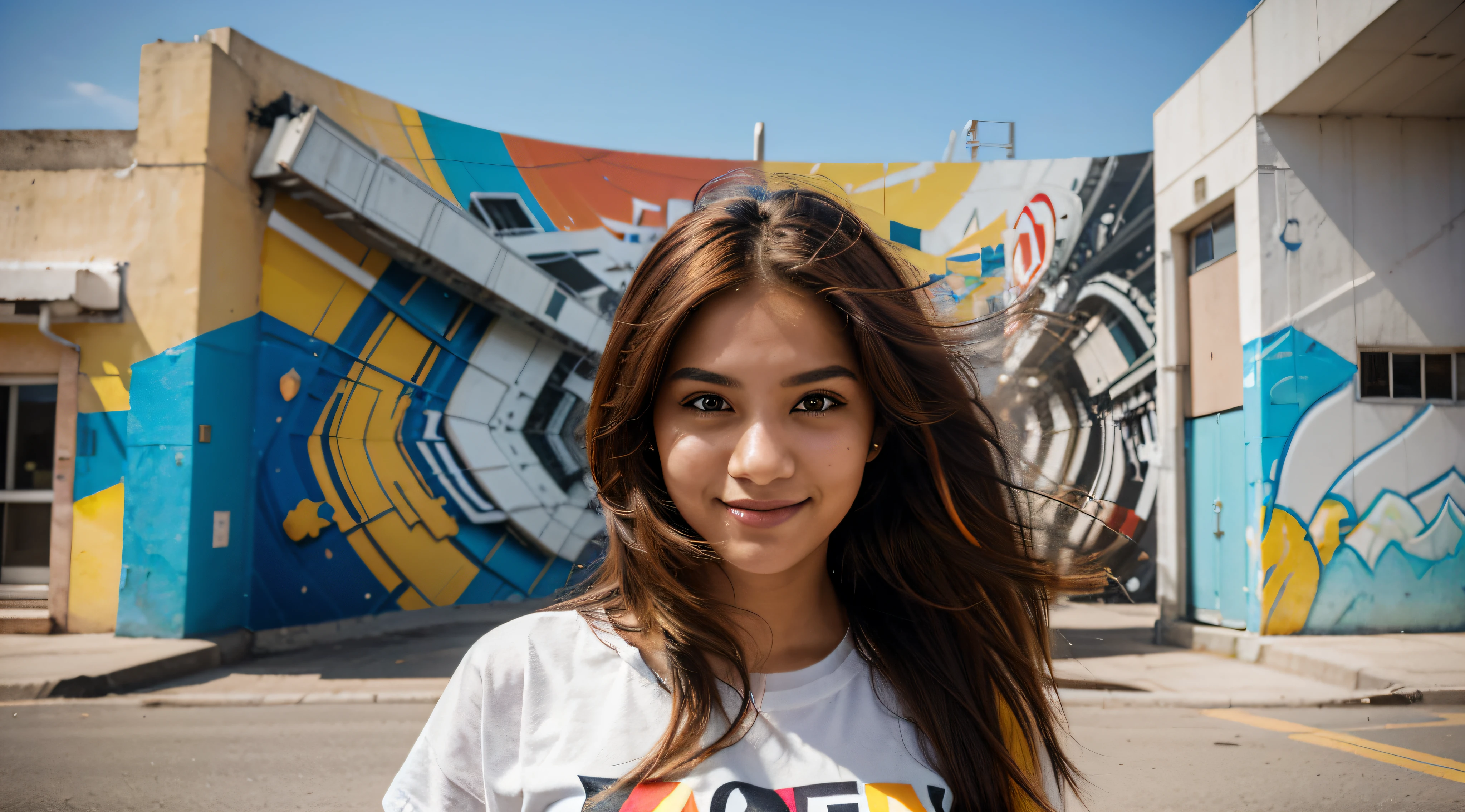 multicolored hair, crown, dashed eyes, smile, Hyperrealism, cinematic lighting, close-up, Ultra-Wide Angle, 135mm, Canon, best quality, high quality, super detail 20-year-old Brazilian student ambles through the bustling university campus. Dressed in lively attire, her carefree hair dances with the breeze. The details on her face showcase a mix of curiosity and focus. In the backdrop, murals of abstract and futuristic urban art contribute to the modern and inspiring ambiance. Engaged in conversations, she exudes a vibrant presence, navigating an academic environment that seamlessly fuses art, innovation, and learning.