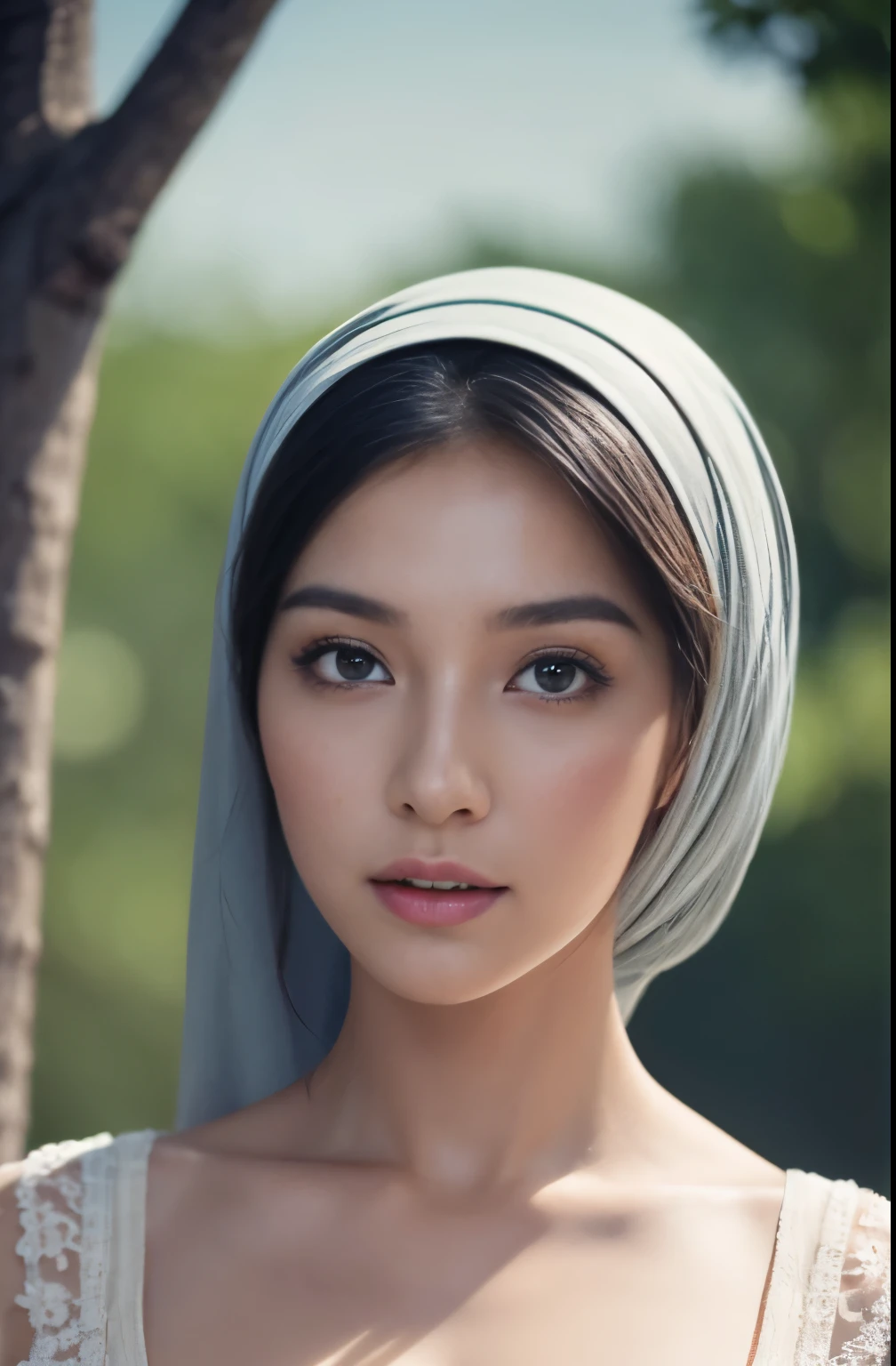 Nude , Porn, (Close-up of the painting style,Ultra HD 8K,Masterpiece grade CG wallpaper),Cinematic lighting,cute girly,Delicate and beautiful face,Dreamy pupil , round waist,javanese hijabi,Bust poem,Sit,Cloudy background,the trees,florals, magical