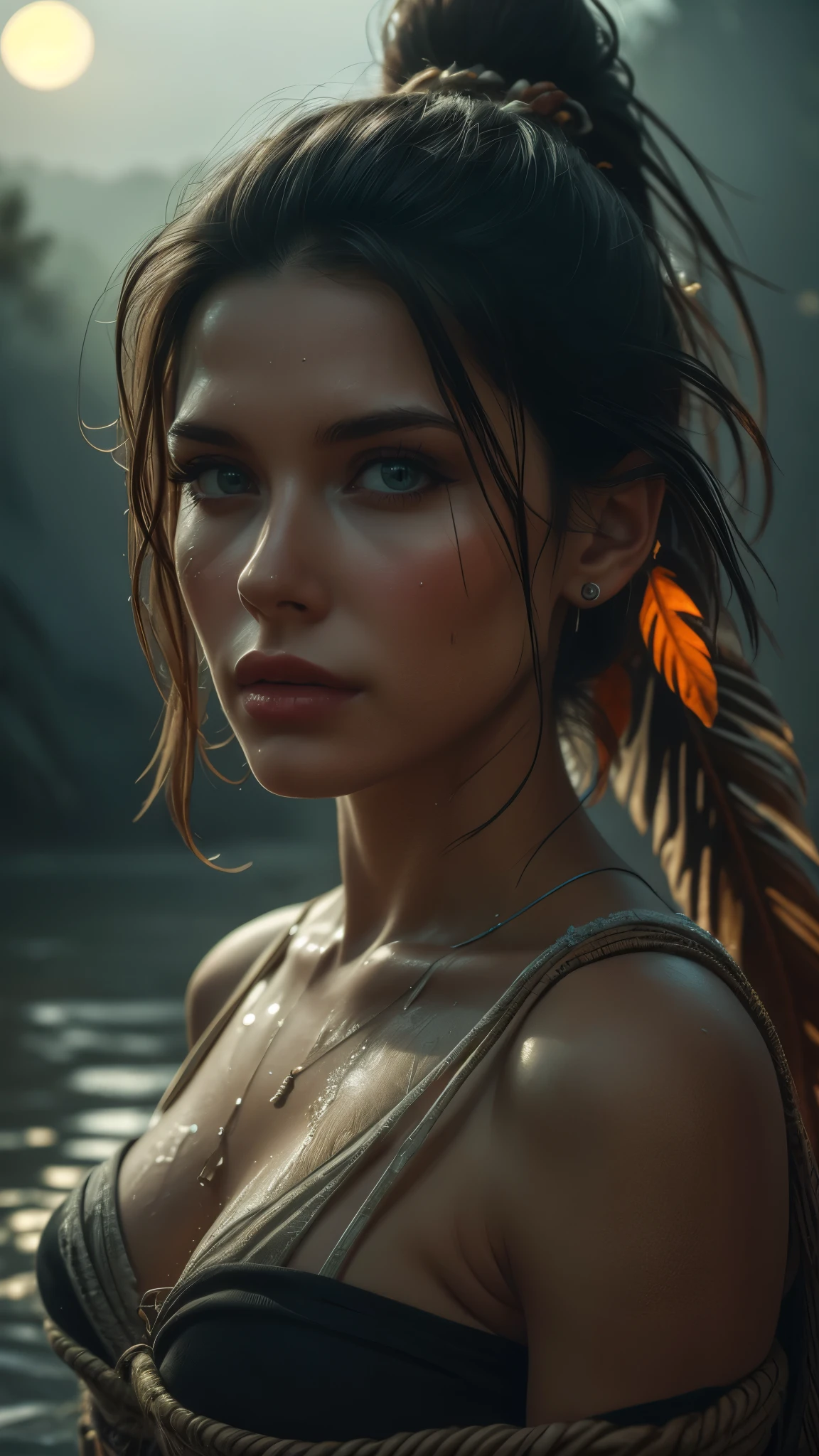 (((ultra realistic))), ((ultra-detailed face and eyes: 1.3)) ,(native girl) , with very long thick hair, feathers in hair, ((few clothes)) , (indigenous clothing), (wet skin and clothes), (In a combat stance), in the jungle near the river, rain, mysterious dark atmosphere (In the moonlight, night, shadow), contrasting, ((ultra-detailed)), ((Skin detailing)), (scene from a movie about ancient people), (Dark color scheme) 