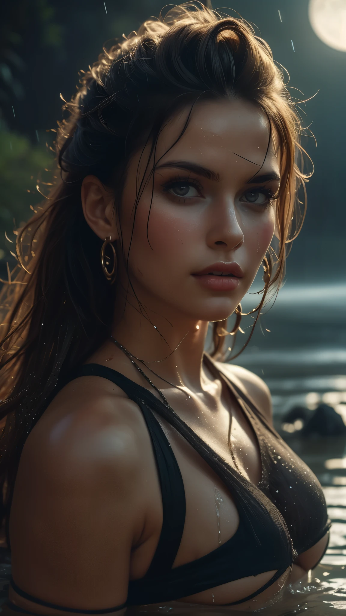 (((ultra realistic))), ((ultra-detailed face and eyes: 1.3)) ,(native girl) , with very long thick hair, feathers in hair, ((few clothes)) , (indigenous clothing), (wet skin and clothes), (In a combat stance), in the jungle near the river, rain, mysterious dark atmosphere (In the moonlight, night, shadow), contrasting, ((ultra-detailed)), ((Skin detailing)), (scene from a movie about ancient people), (Dark color scheme) 