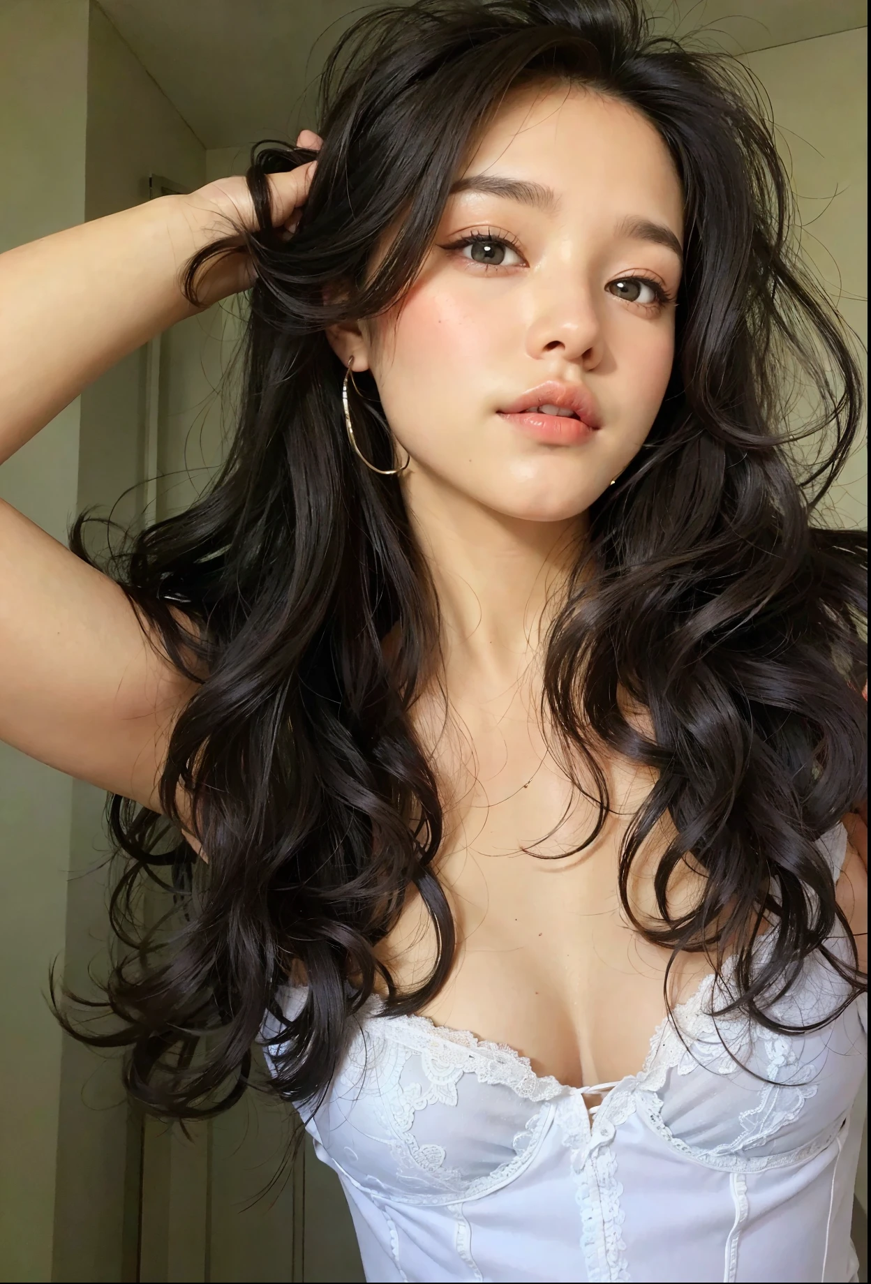 tem uma mulher posando para uma foto com um espartilho branco, lindo rosto latina, with long Encaracolado hair, cabelos ondulados espalhados, long messy Encaracolado hair, sem maquiagem cabelos ondulados, long wild black Encaracolado hair, her black hair is a long Encaracolado, Encaracolado dark hair, black long Encaracolado hair, with long Encaracolado, Encaracolado, long black Encaracolado hair