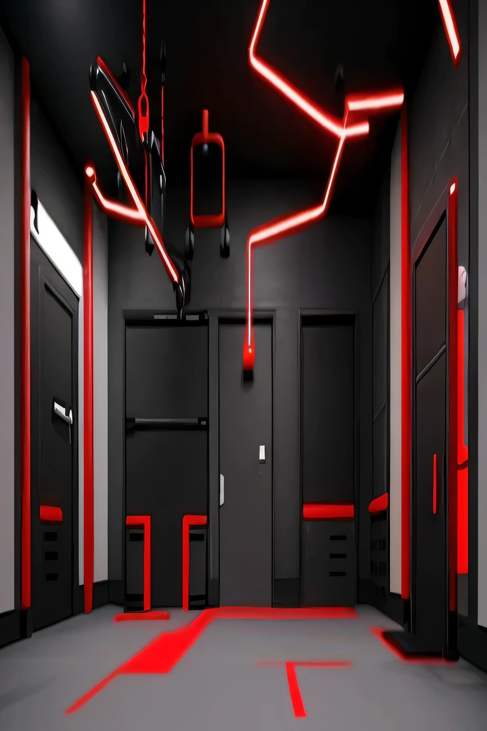 a fitness room with equipment on the floor, modelo de corpo inteiro anime vtuber, SCP Foundation, paleta de cores vermelho escuro e preto, o metaverso criptografado, ventilation shafts, em um quarto branco, by senior character artist, theater Internship, estilo de arte desconhecido, prison, Internship