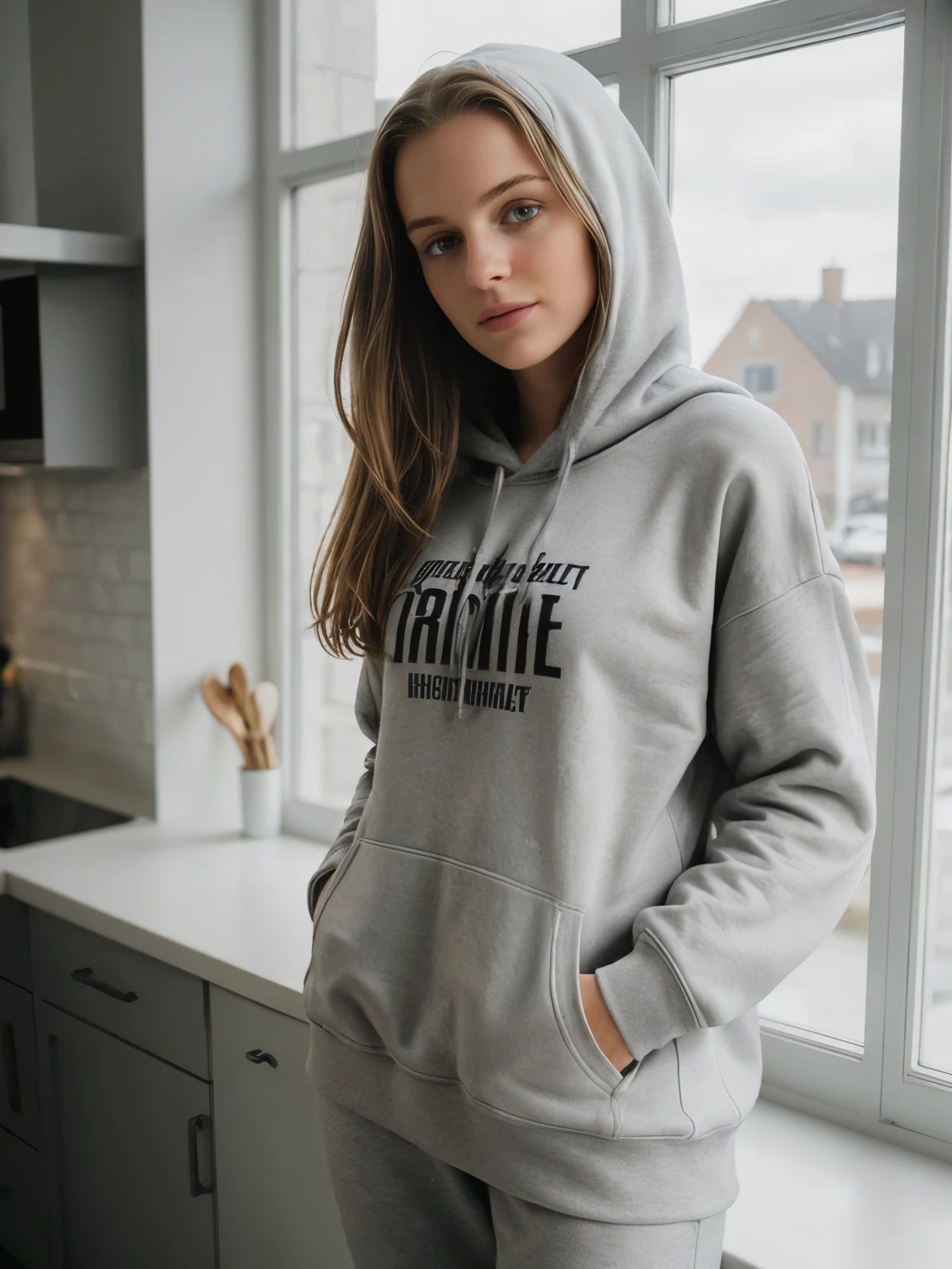 young woman, 16 Jahre alt, iPhone-camera, straight hairs, beautiful, 16 years old. fullbody shot, perfect tense, (textured skin, skin pores:1.1), in a kitchen staring out a window, (extremely detailed 8k wallpaper), soft lighting, high quality, film grain, Fujifilm XT3 sharp focus, f 5.6, 50mm, High Detail, Sharp focus,(natural light), (seductive), gray hoodie, oversized hoodie, Realistic, ultra realistic, photo realistic, crazy details, complex details, hyper detailed,