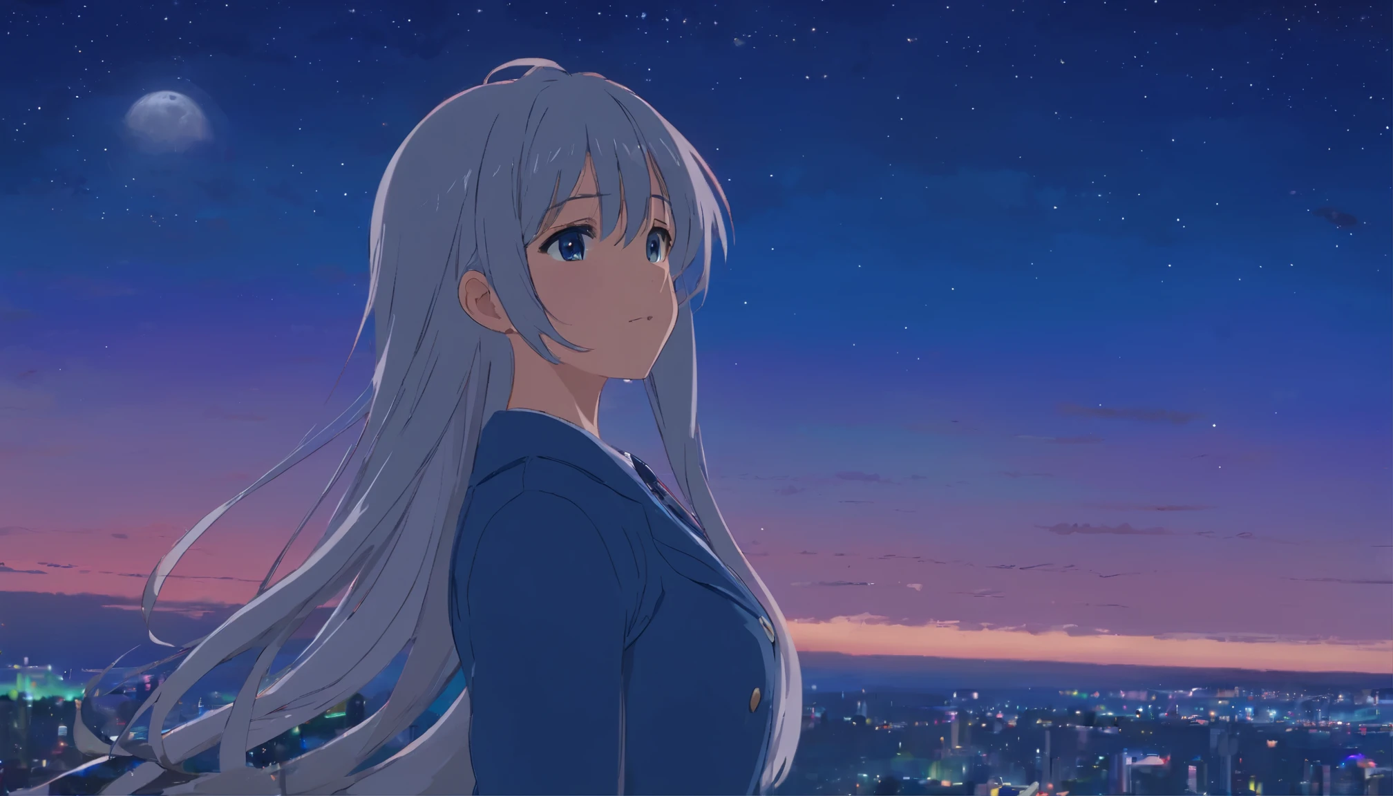 long hair,night,full moon,silver haired girl,uniform,slight smile,View photos taken
