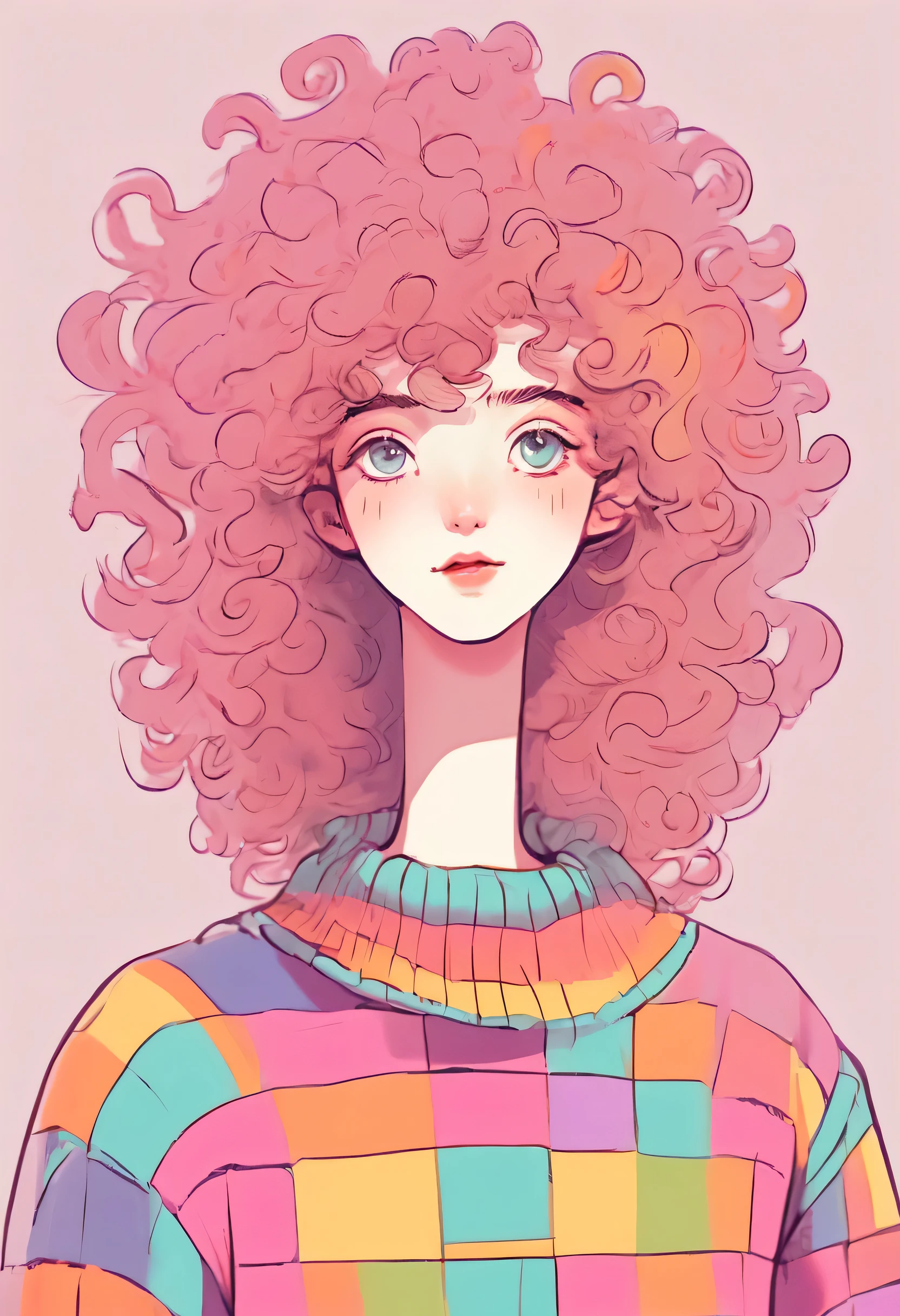 Distinctive style，Lovely的女孩，long neck，Big head，Exaggerated hair，bird on fluffy hair，small freckles，exaggerated expression，Nonsense，knit hat，denimpants with pinksweater，Gloves，Sweater details，mohair，hairy，Long curly hair，raise your hand，clean background，hand drawn style，，pencil drawing，Lovely，smooth lines，Line outline，clean screen