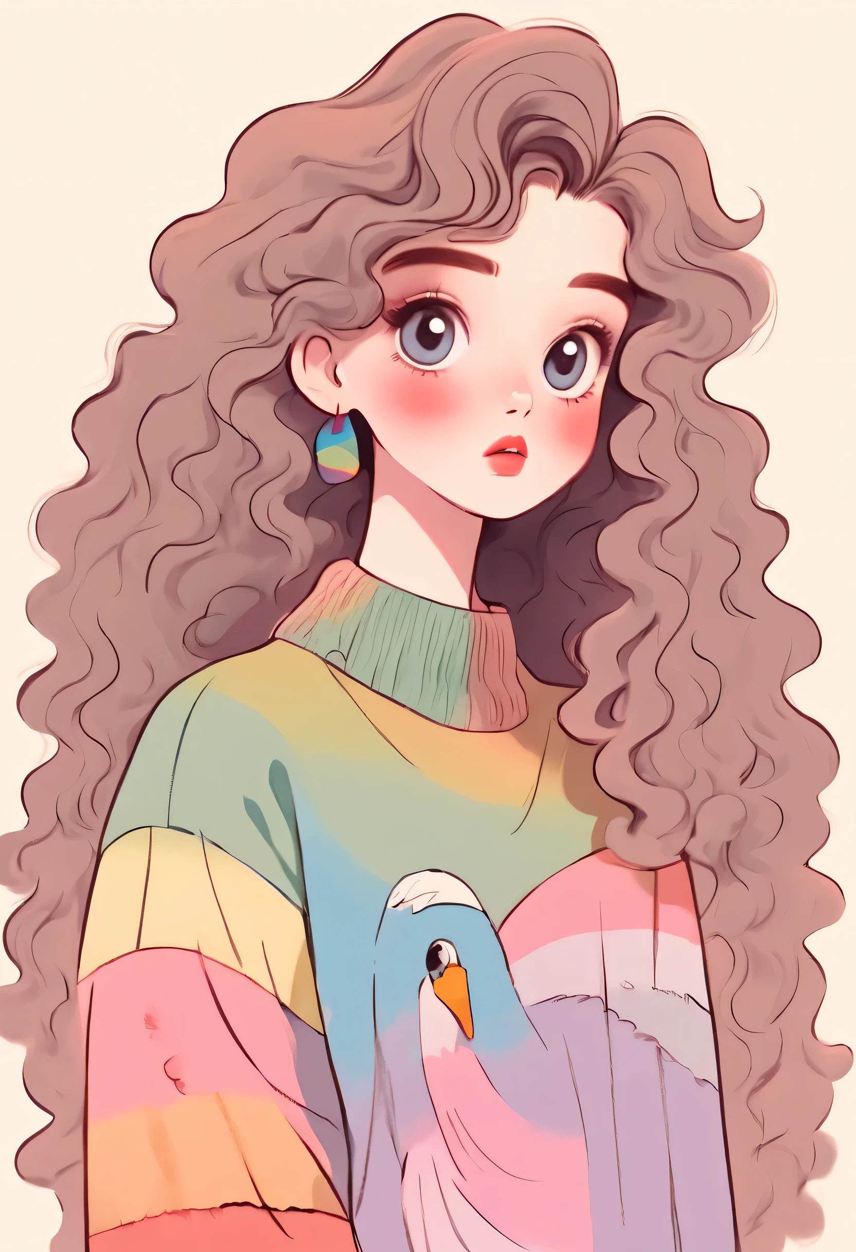 Distinctive style，Lovely的女孩，long neck，Big head，Exaggerated hair，bird on fluffy hair，small freckles，exaggerated expression，Nonsense，knit hat，denimpants with pinksweater，Gloves，Sweater details，mohair，hairy，Long curly hair，raise your hand，clean background，hand drawn style，，pencil drawing，Lovely，smooth lines，Line outline，clean screen