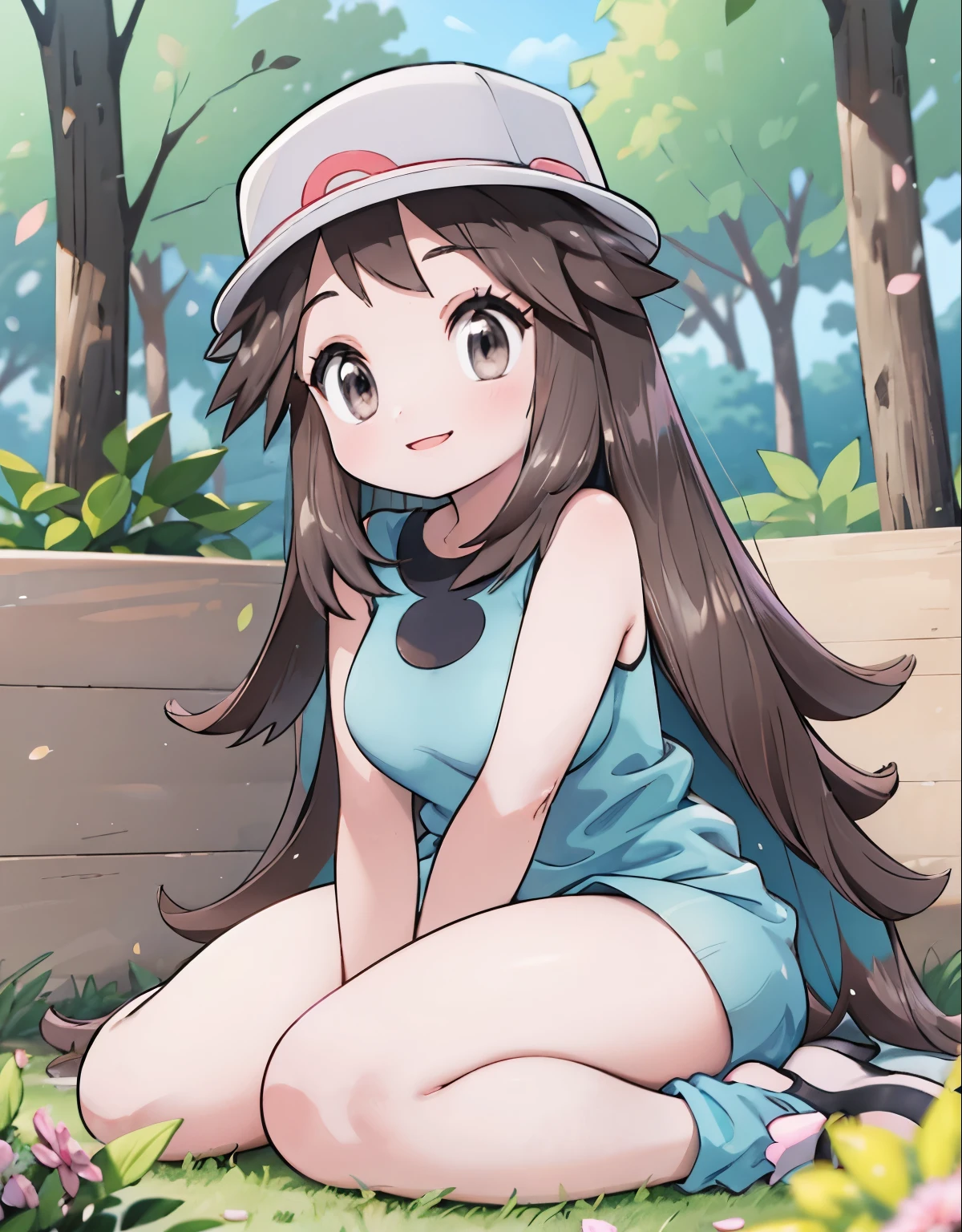 leaf Pokemon, full body, curvy body, beautiful detailed eyes, beautiful detailed lips, long eyelashes, visible thighs, thick thighs, sitting, knees together, smile, in a public park, pokemon, vibrant colors, soft lighting, (best quality, 4k, highres, masterpiece:1.2), ultra-detailed, realistic:1.37, professional, vivid colors, concept artists style, soft light, vibrant colors, dusty pink color tone