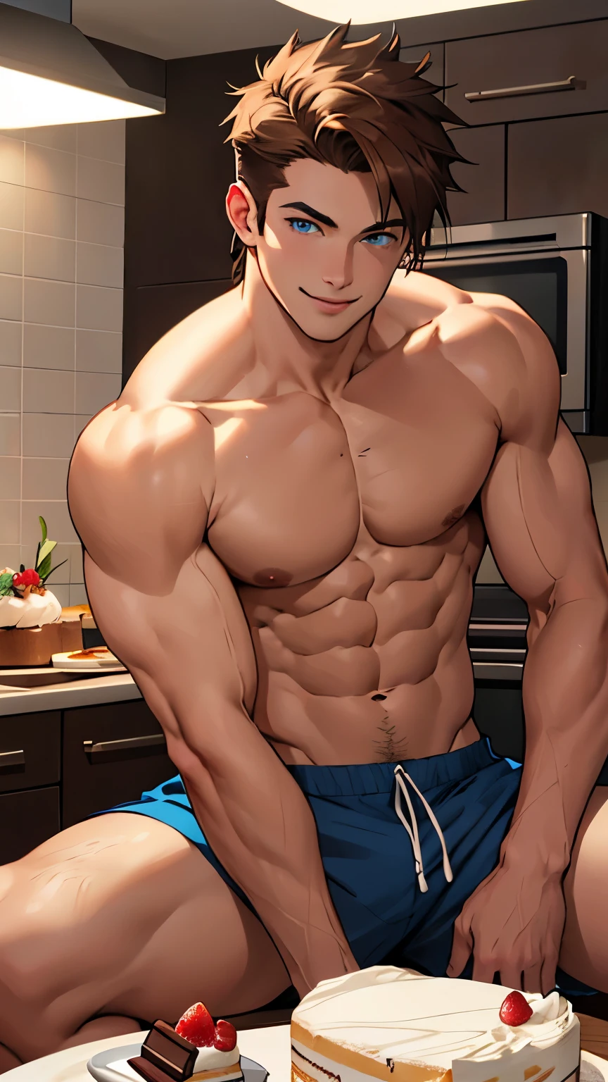 handsome man,Not wearing a shirt,white skin,Handsome face,Shirtless,Full HD,masterpice,short hair,Arm muscles,Chest muscles,smiling, happy,Wear shorts.,V Shape,making pastry dough,Enter the kitchen in pastel colors.,Beat flour to make dessert,male body,sexy body,Cake chocolate,Handsome face,brown hair,Moisturized mouth,Seductive eyes,Topless,blue eyes,whipped cream,4K,Beat the pastry dough,perfect body,perfect Abs,Show off body,Sharp picture,studio light,Hot guy,lie down on cake,chocolate,Spread your legs,clear body,chocolate spread