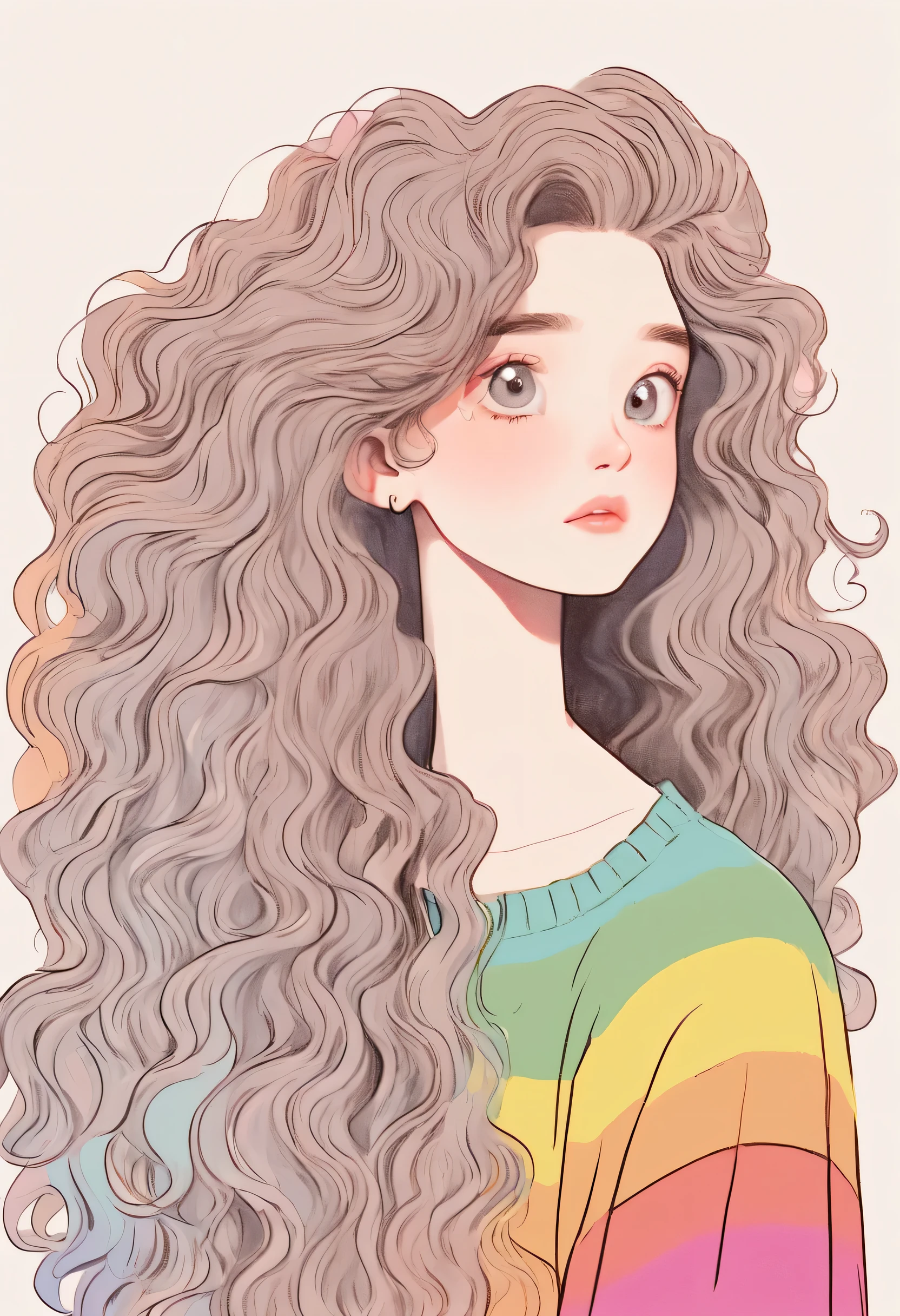 Distinctive style，Lovely的女孩，long neck，Big head，Exaggerated hair，bird on fluffy hair，small freckles，exaggerated expression，Nonsense，knit hat，denimpants with pinksweater，Gloves，Sweater details，mohair，hairy，Long curly hair，raise your hand，clean background，hand drawn style，，pencil drawing，Lovely，smooth lines，Line outline，clean screen