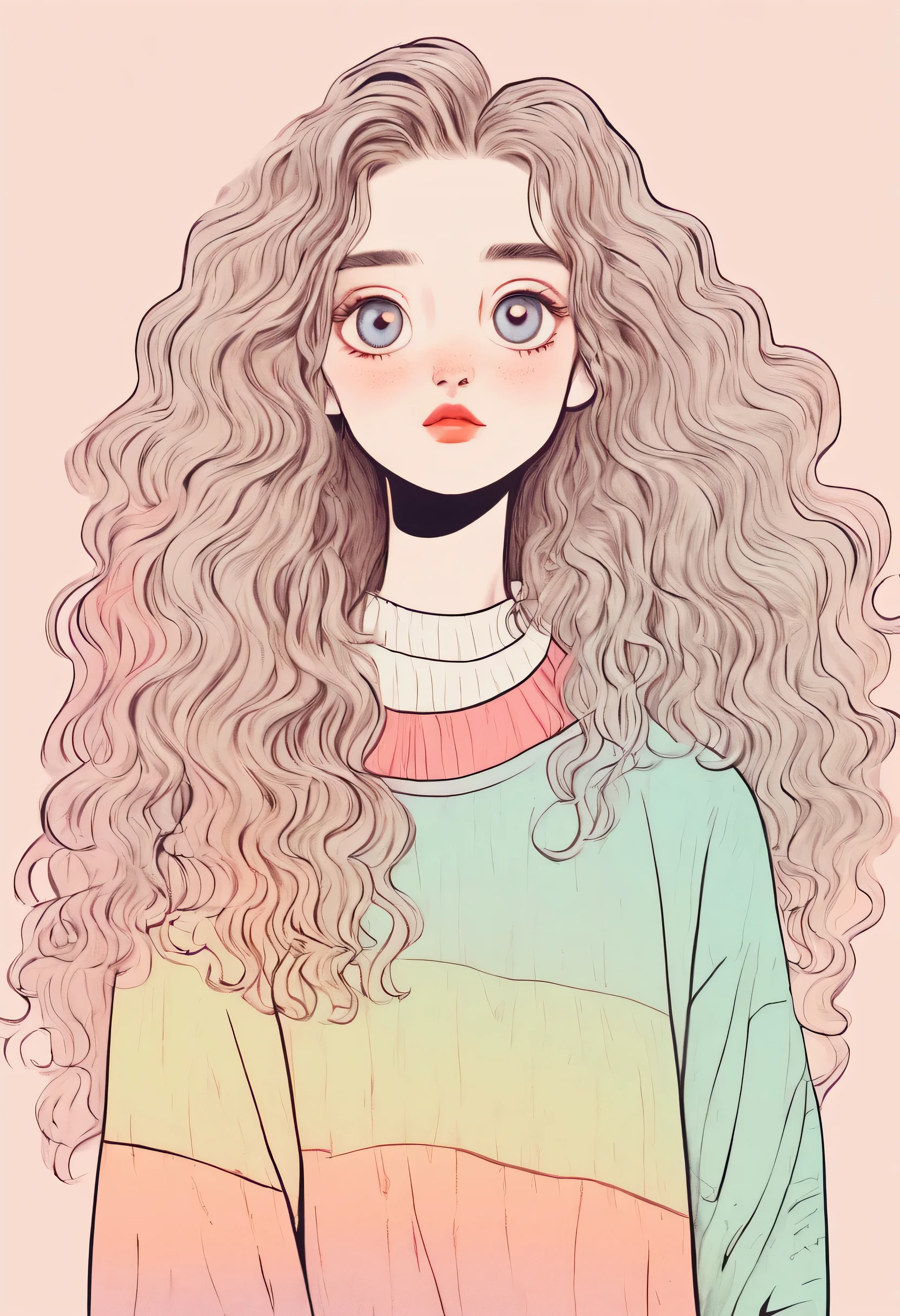 Distinctive style，Lovely的女孩，long neck，Big head，Exaggerated hair，bird on fluffy hair，small freckles，exaggerated expression，Nonsense，knit hat，denimpants with pinksweater，Gloves，Sweater details，mohair，hairy，Long curly hair，raise your hand，clean background，hand drawn style，，pencil drawing，Lovely，smooth lines，Line outline，clean screen