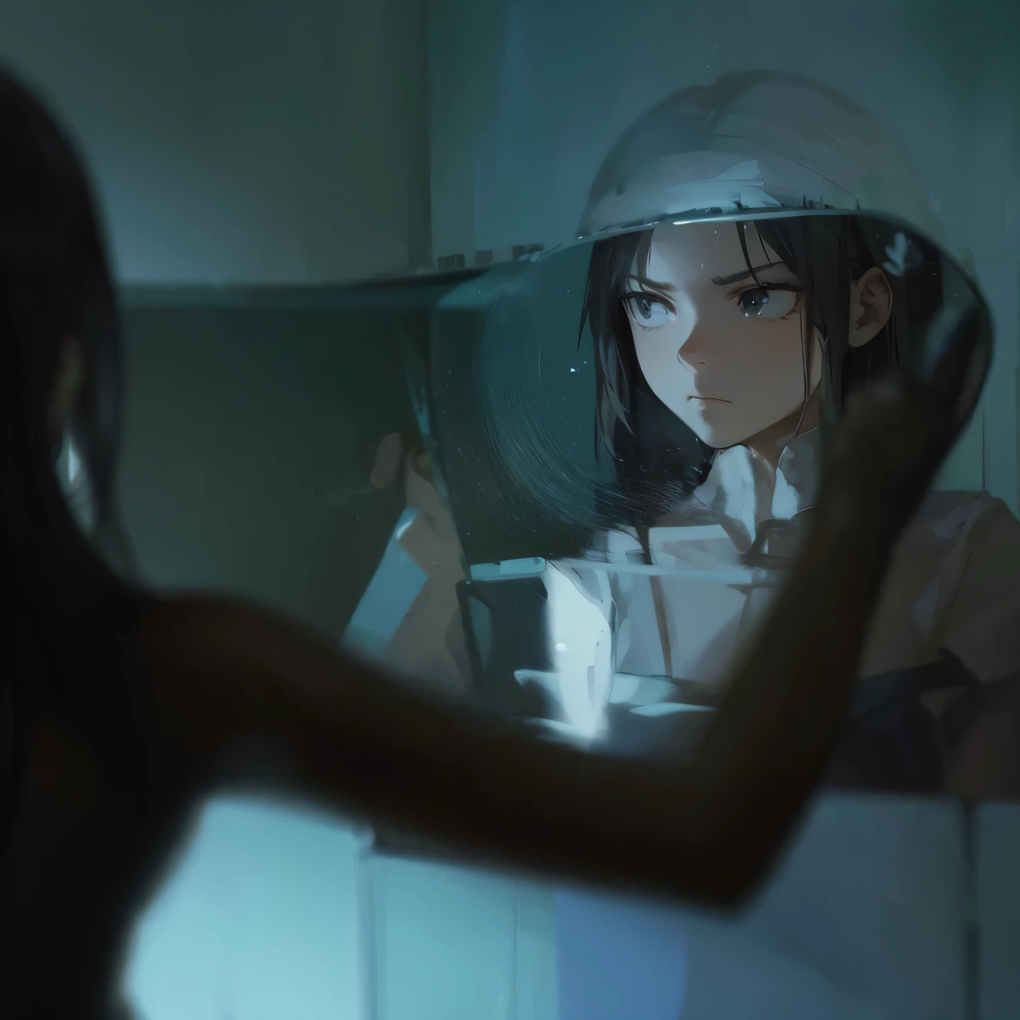 A girl is clearing a mirror from steam , her reflection in the mirror , serious face , hand on the mirror , looking at herself in the mirror ,