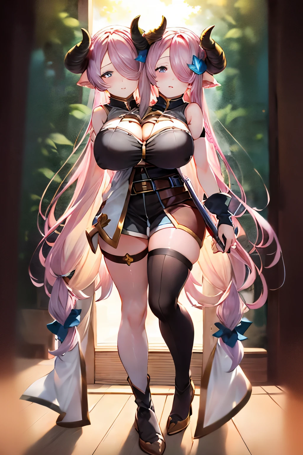 (2heads:1.2), (solo), 1girl, (narmaya \(granblue fantasy\)), draph, demon horns, hair over one eye, purple eyes, determined expression, looking at viewer, pov, Standard, ver1costume, high quality, masterpiece, 8k, 4k, autumn forest background, beautiful background, masterpiece, illustration, official artwork, absurdres, full body, standing