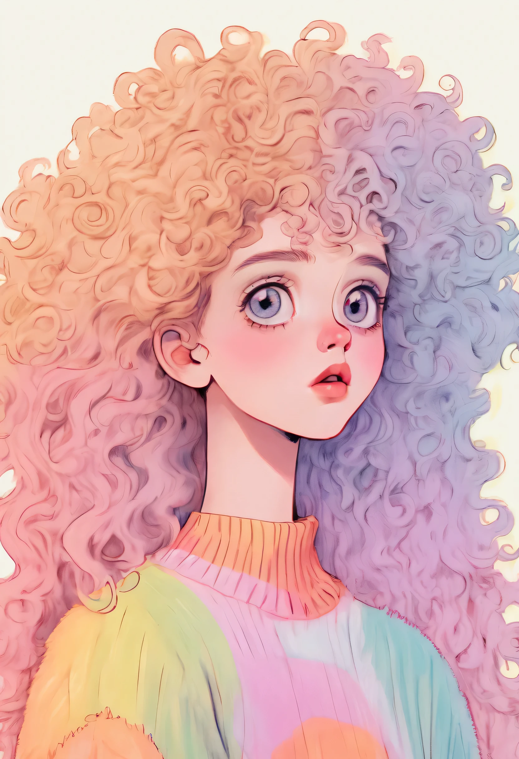Distinctive style，Lovely的女孩，long neck，Big head，Exaggerated hair，bird on fluffy hair，small freckles，exaggerated expression，Nonsense，knit hat，denimpants with pinksweater，Gloves，Sweater details，mohair，hairy，Long curly hair，raise your hand，clean background，hand drawn style，，pencil drawing，Lovely，smooth lines，Line outline，clean screen
