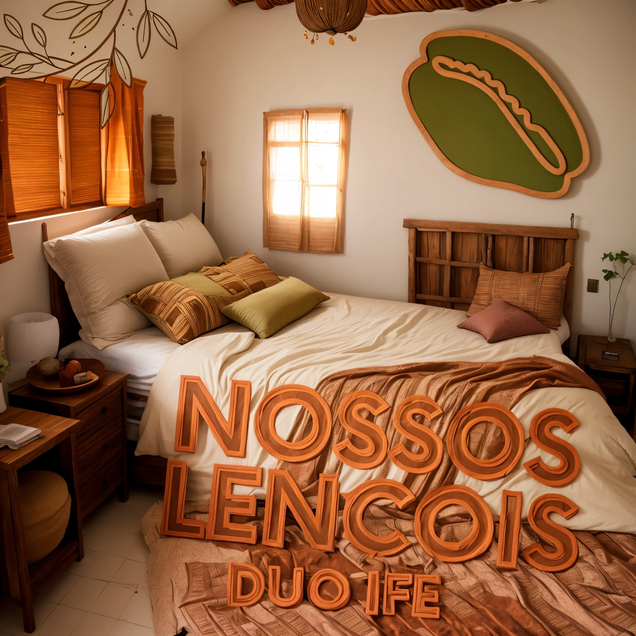 Very Messy bed with terracotta sheets and large pillows, cama adornada com folhas e flores, african house, african style, arquitetura africana, ultra quality, very messy sheets