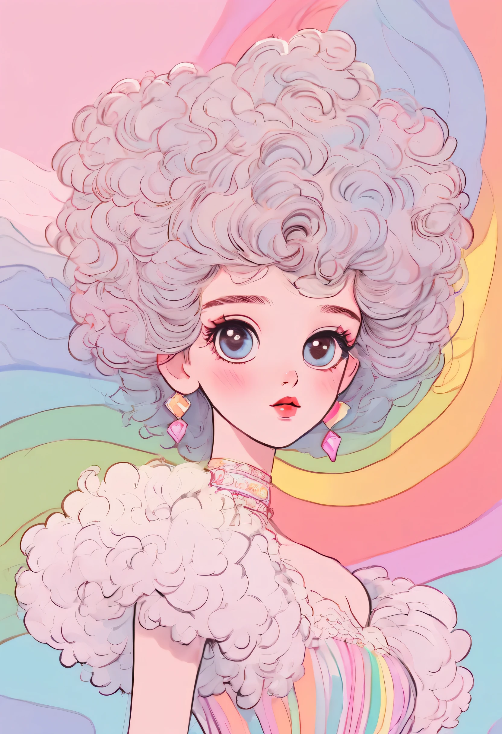 Distinctive style，Lovely的女孩，long neck，Big head，Exaggerated hair，bird on fluffy hair，small freckles，exaggerated expression，Nonsense，knit hat，denimpants with pinksweater，Gloves，Sweater details，mohair，hairy，Long curly hair，raise your hand，clean background，hand drawn style，，pencil drawing，Lovely，smooth lines，Line outline，clean screen