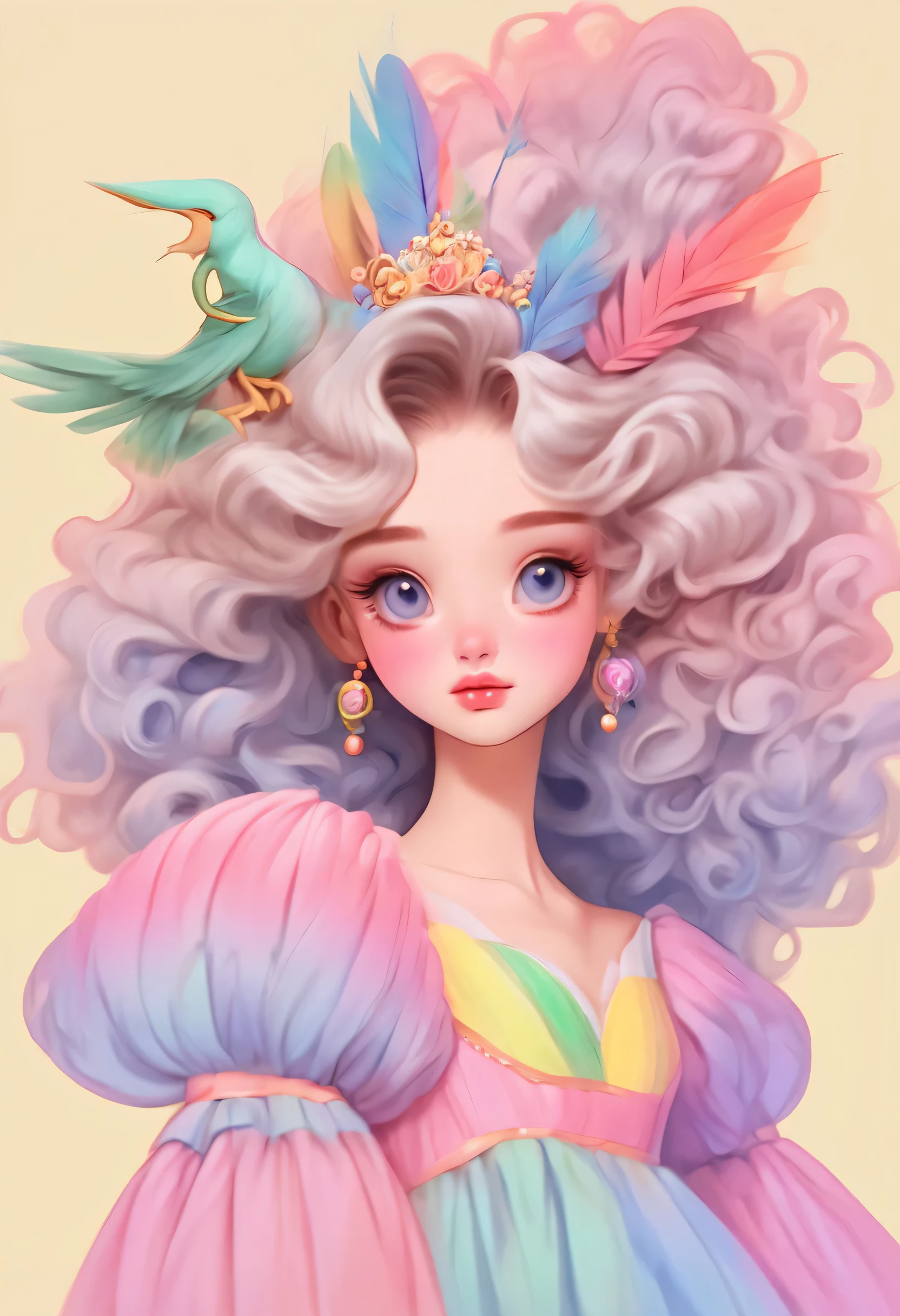 Distinctive style，Lovely的女孩，long neck，Big head，Exaggerated hair，bird on fluffy hair，small freckles，exaggerated expression，Nonsense，knit hat，denimpants with pinksweater，Gloves，Sweater details，mohair，hairy，Long curly hair，raise your hand，clean background，hand drawn style，，pencil drawing，Lovely，smooth lines，Line outline，clean screen