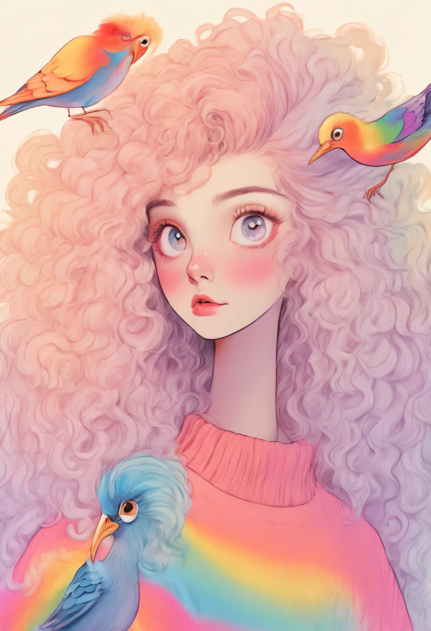 Distinctive style，Lovely的女孩，long neck，Big head，Exaggerated hair，bird on fluffy hair，small freckles，exaggerated expression，Nonsense，knit hat，denimpants with pinksweater，Gloves，Sweater details，mohair，hairy，Long curly hair，raise your hand，clean background，hand drawn style，，pencil drawing，Lovely，smooth lines，Line outline，clean screen