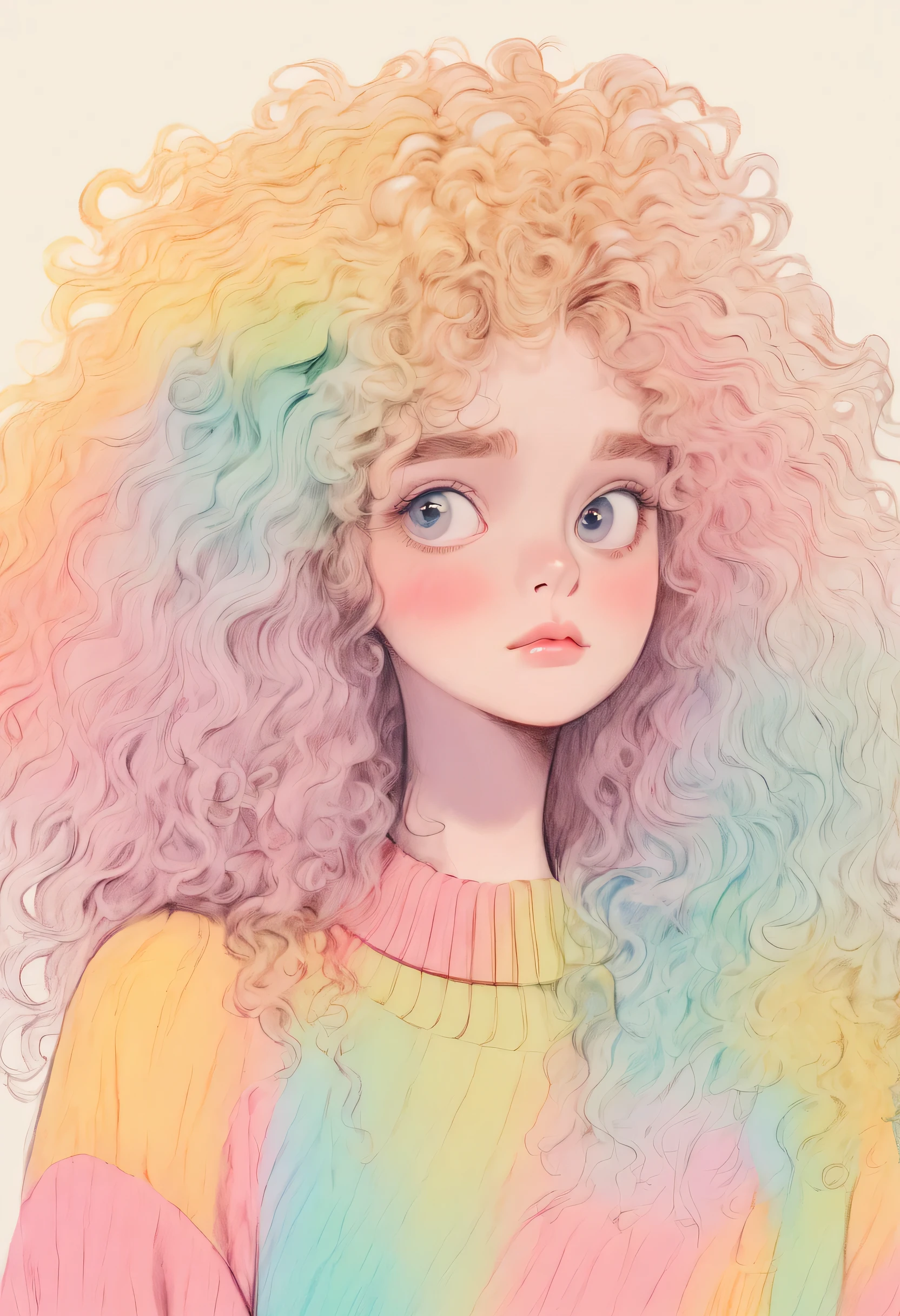 Distinctive style，Lovely的女孩，long neck，Big head，Exaggerated hair，bird on fluffy hair，small freckles，exaggerated expression，Nonsense，knit hat，denimpants with pinksweater，Gloves，Sweater details，mohair，hairy，Long curly hair，raise your hand，clean background，hand drawn style，，pencil drawing，Lovely，smooth lines，Line outline，clean screen