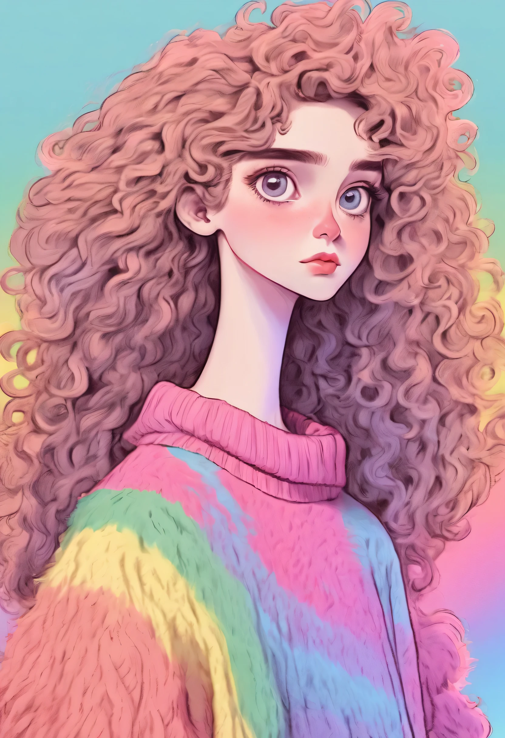 Distinctive style，Lovely的女孩，long neck，Big head，Exaggerated hair，bird on fluffy hair，small freckles，exaggerated expression，Nonsense，knit hat，denimpants with pinksweater，Gloves，Sweater details，mohair，hairy，Long curly hair，raise your hand，clean background，hand drawn style，，pencil drawing，Lovely，smooth lines，Line outline，clean screen