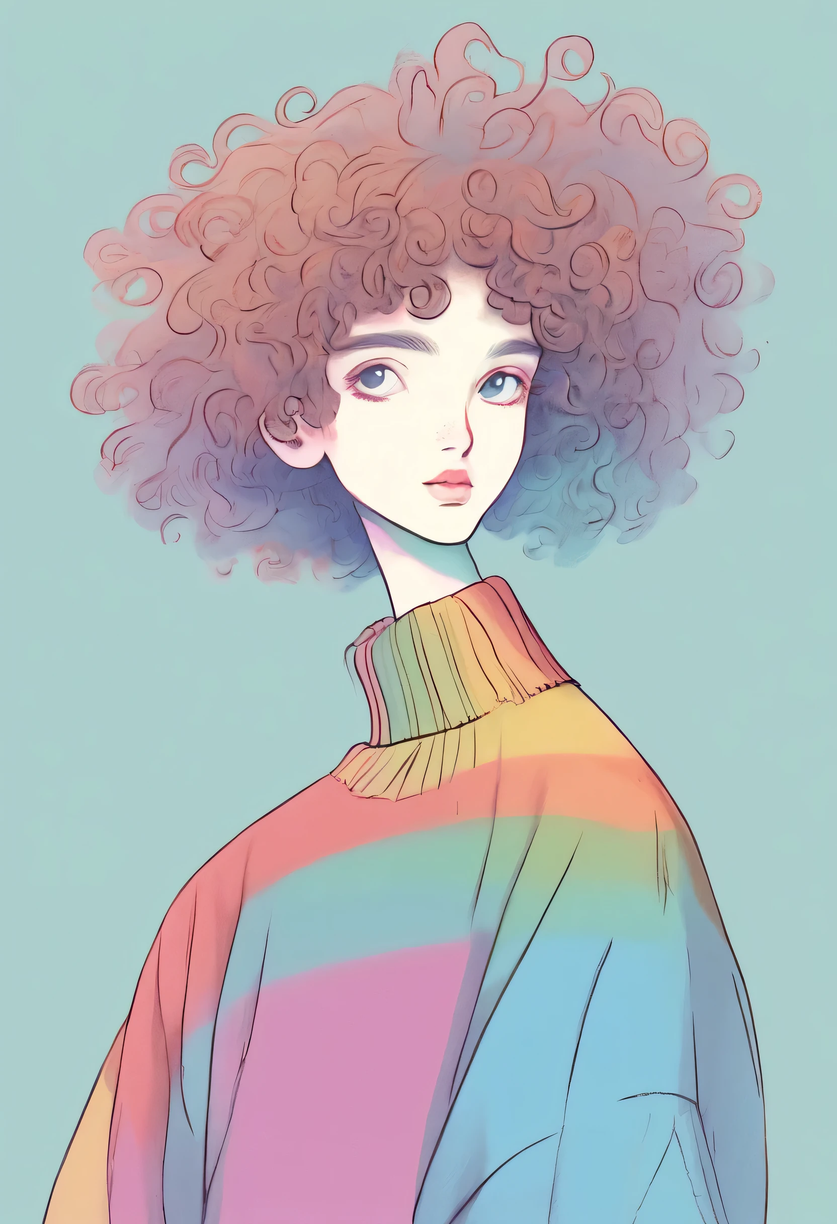 Distinctive style，Lovely的女孩，long neck，Big head，Exaggerated hair，bird on fluffy hair，small freckles，exaggerated expression，Nonsense，knit hat，denimpants with pinksweater，Gloves，Sweater details，mohair，hairy，Long curly hair，raise your hand，clean background，hand drawn style，，pencil drawing，Lovely，smooth lines，Line outline，clean screen