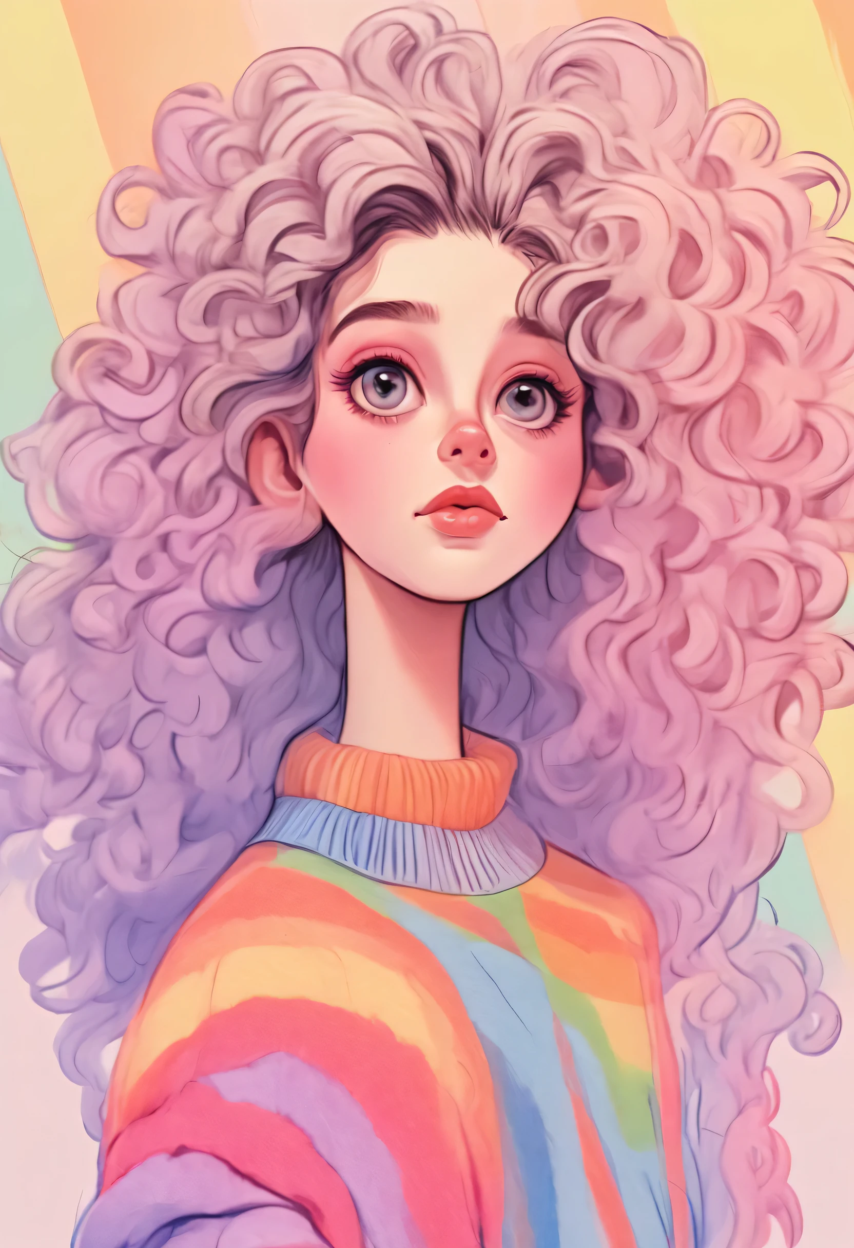 Distinctive style，Lovely的女孩，long neck，Big head，Exaggerated hair，bird on fluffy hair，small freckles，exaggerated expression，Nonsense，knit hat，denimpants with pinksweater，Gloves，Sweater details，mohair，hairy，Long curly hair，raise your hand，clean background，hand drawn style，，pencil drawing，Lovely，smooth lines，Line outline，clean screen