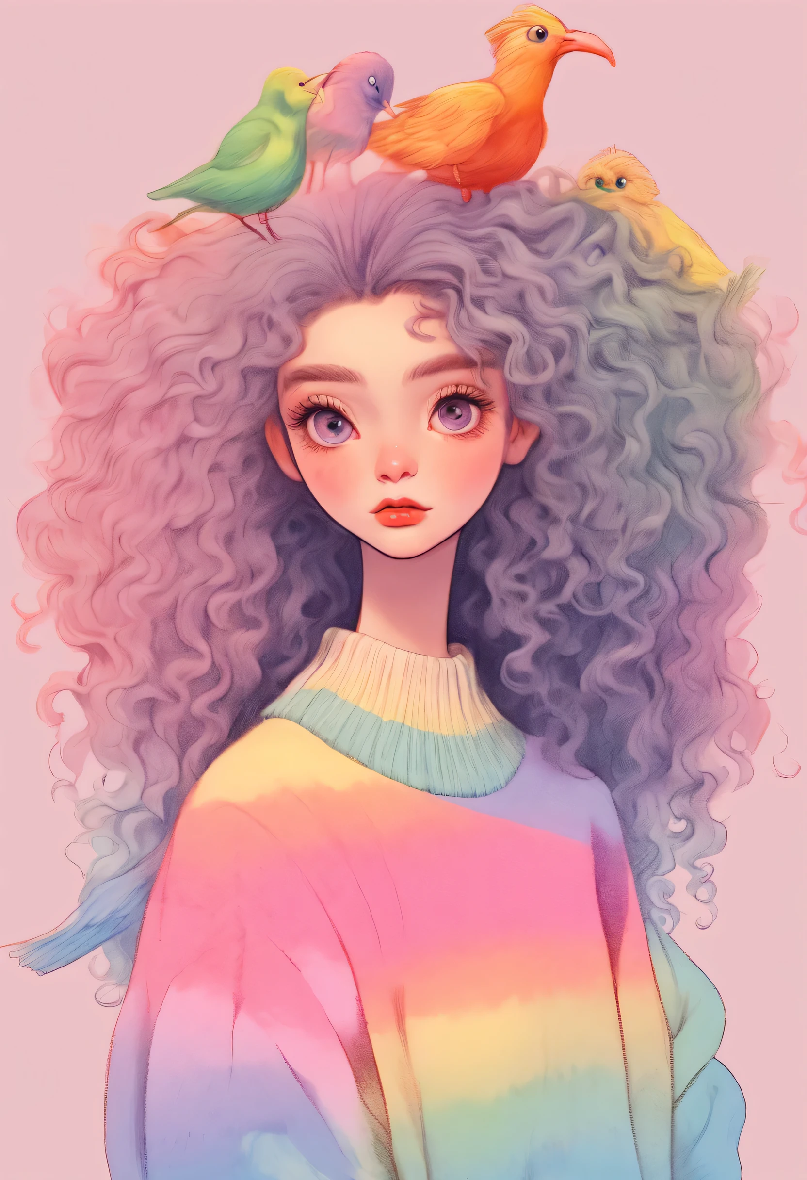 Distinctive style，Lovely的女孩，long neck，Big head，Exaggerated hair，bird on fluffy hair，small freckles，exaggerated expression，Nonsense，knit hat，denimpants with pinksweater，Gloves，Sweater details，mohair，hairy，Long curly hair，raise your hand，clean background，hand drawn style，，pencil drawing，Lovely，smooth lines，Line outline，clean screen