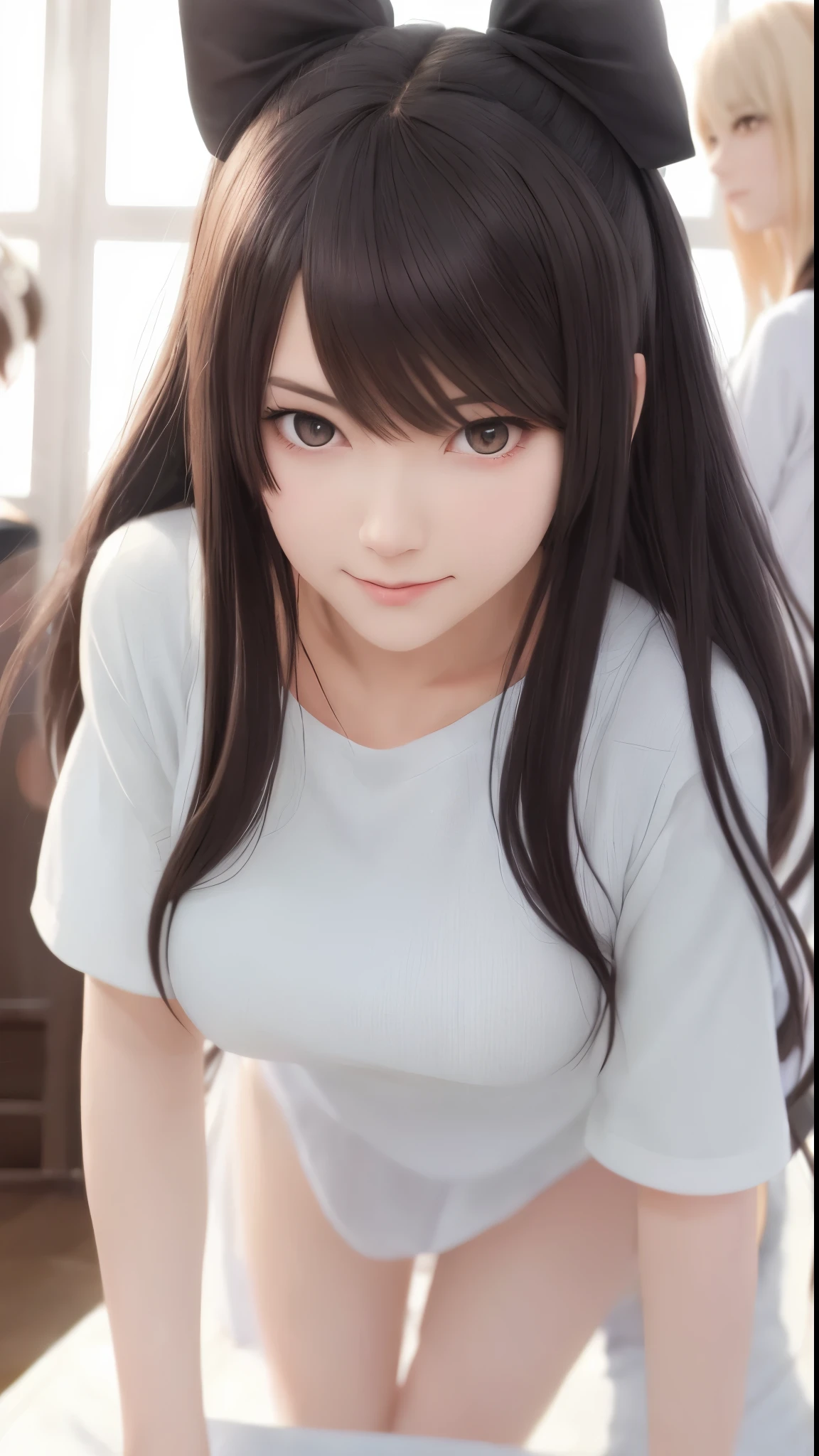 Animated girl posing with two other people in the background, Beautiful anime high school girl, beautiful anime girl, Attractive anime girl, beautiful alluring anime , pretty anime girl, Ilya Kuvshinov long hair, Beautiful anime woman, Portrait anime girl, seductive anime girls, Smooth anime CG art, Beautiful anime portrait, cute anime girl portraits