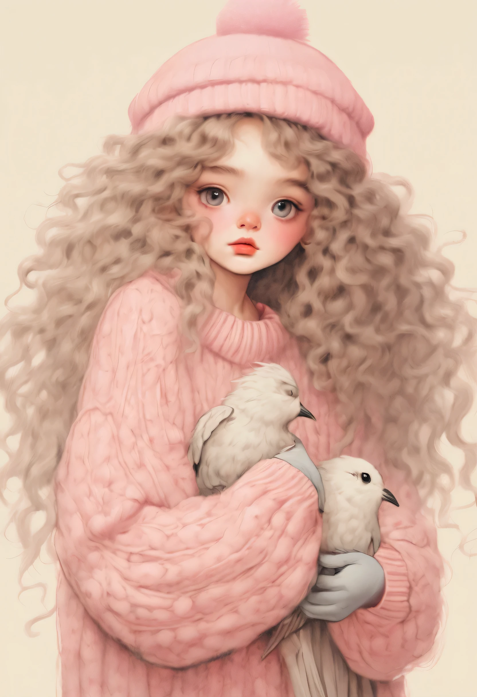 Distinctive style，Lovely的女孩，long neck，Big head，Exaggerated hair，bird on fluffy hair，small freckles，exaggerated expression，Nonsense，knit hat，denimpants with pinksweater，Gloves，Sweater details，mohair，hairy，Long curly hair，raise your hand，clean background，hand drawn style，，pencil drawing，Lovely，smooth lines，Line outline，clean screen