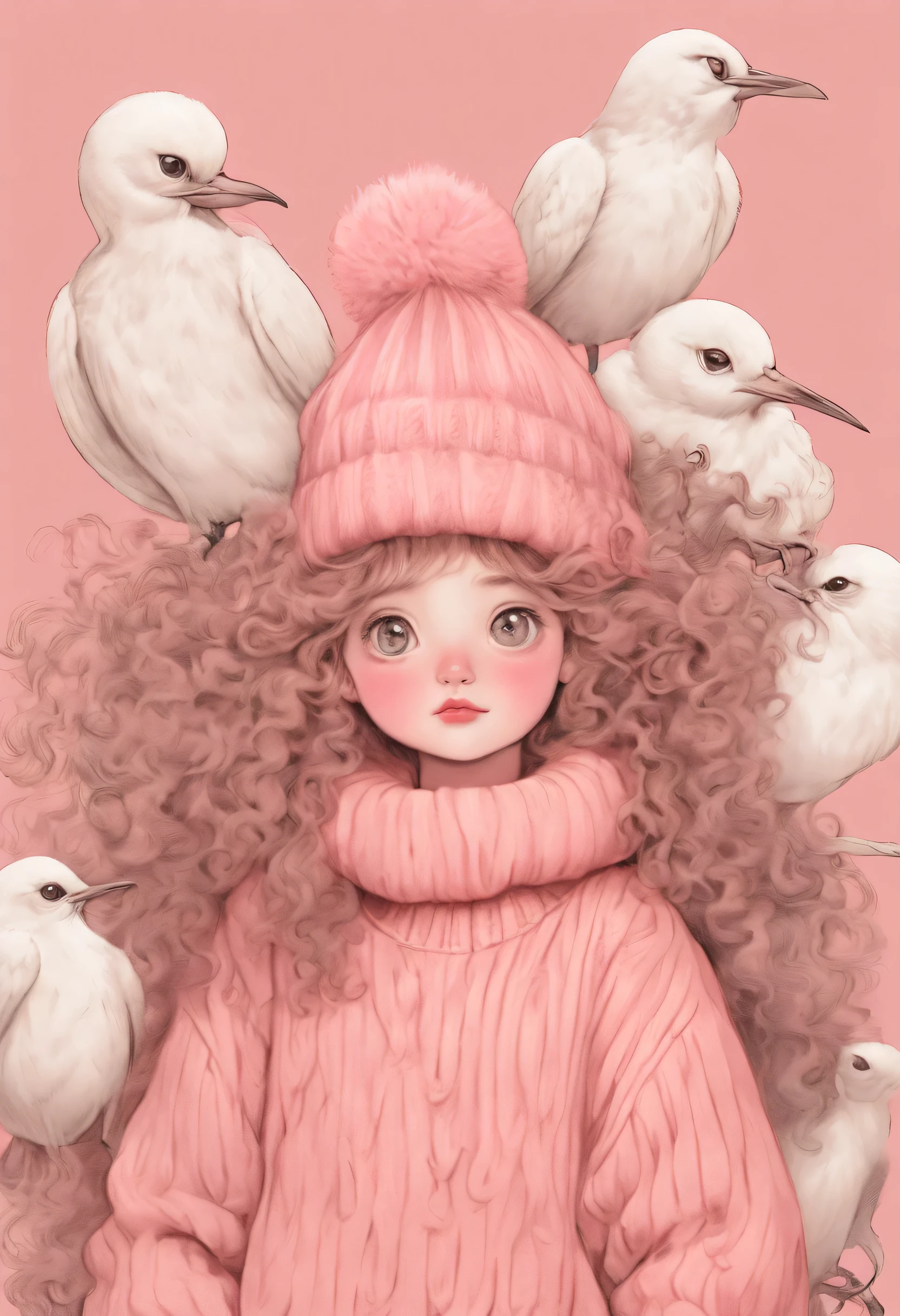 Distinctive style，Lovely的女孩，long neck，Big head，Exaggerated hair，bird on fluffy hair，small freckles，exaggerated expression，Nonsense，knit hat，denimpants with pinksweater，Gloves，Sweater details，mohair，hairy，Long curly hair，raise your hand，clean background，hand drawn style，，pencil drawing，Lovely，smooth lines，Line outline，clean screen