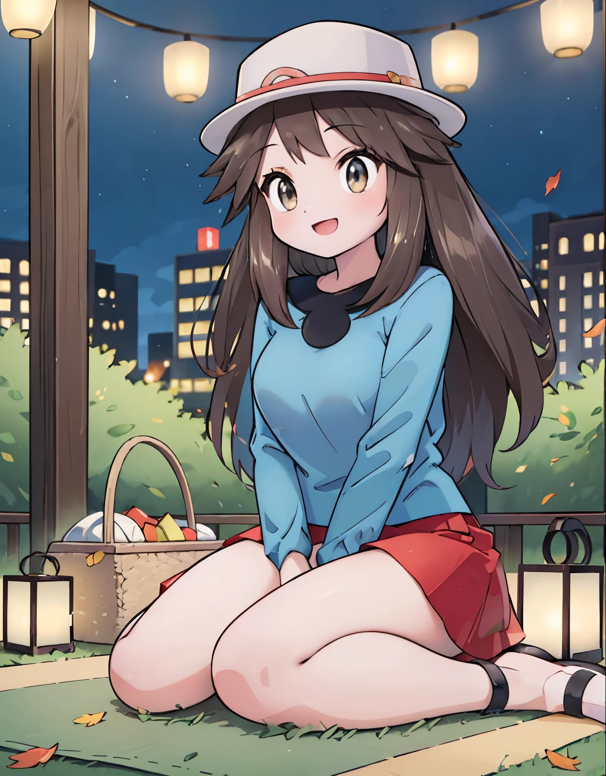 (best quality,4k,highres,masterpiece:1.2),ultra-detailed,realistic,photorealistic:1.37,leaf Pokemon,full body,curvy body,beautiful detailed eyes,long lashes,visible thighs,sitting,red skirt,blue shirt, loose socks, white footwear,knees together,smile,upskirt,white panties,on a picnic,night city,soft sunbeam lighting,beautifully lit skyscrapers,scenic city park,lush green grass,gentle breeze,peaceful atmosphere,crimson autumn leaves,sparkling city lights,colored lanterns,vibrant urban nightlife,tranquil picnic blanket,delicious food and drinks,laughs and conversations,joyful ambiance,stars twinkling overhead,nighttime tranquility