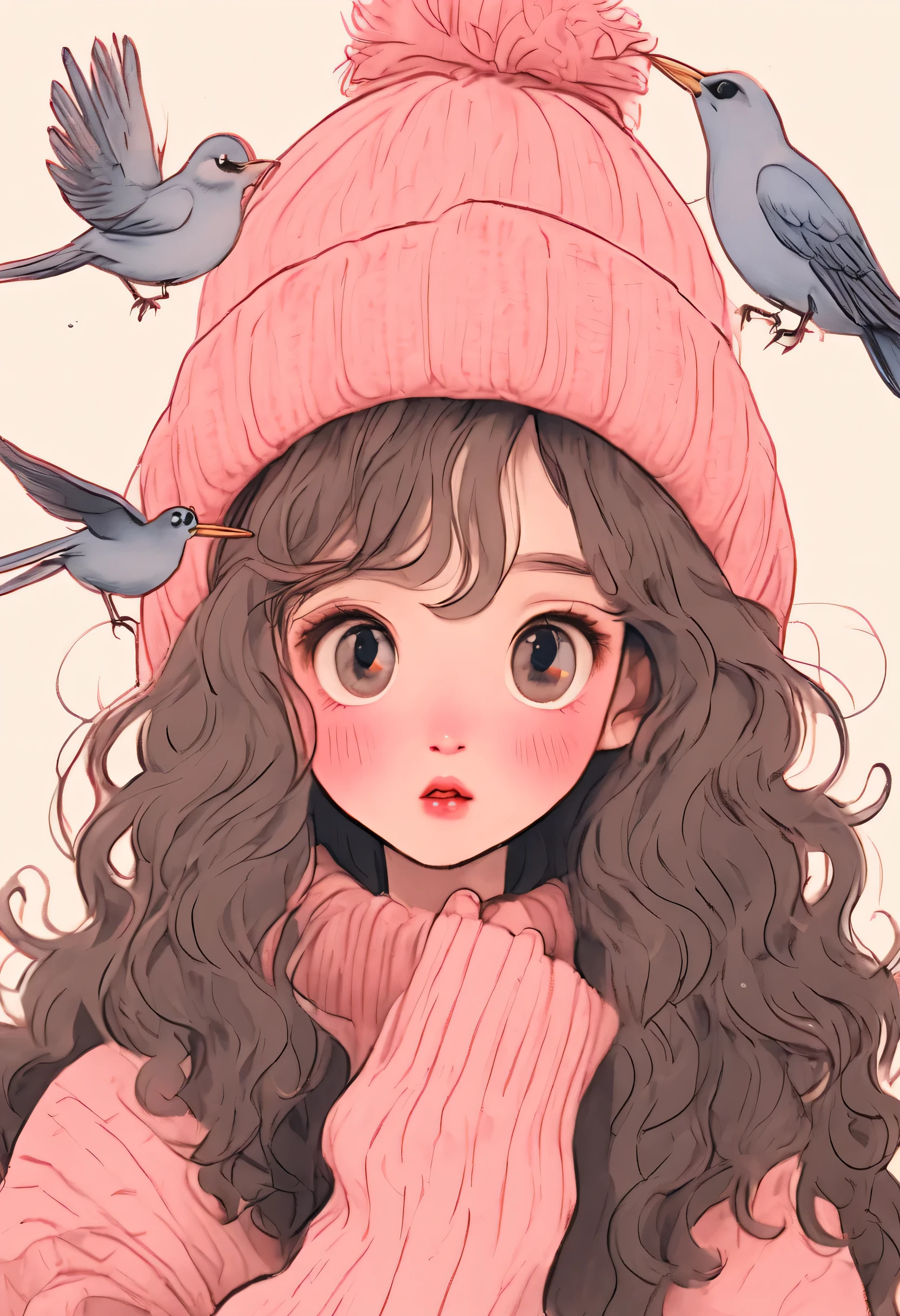 Distinctive style，Lovely的女孩，long neck，Big head，Exaggerated hair，bird on fluffy hair，small freckles，exaggerated expression，Nonsense，knit hat，denimpants with pinksweater，Gloves，Sweater details，mohair，hairy，Long curly hair，raise your hand，clean background，hand drawn style，，pencil drawing，Lovely，smooth lines，Line outline，clean screen