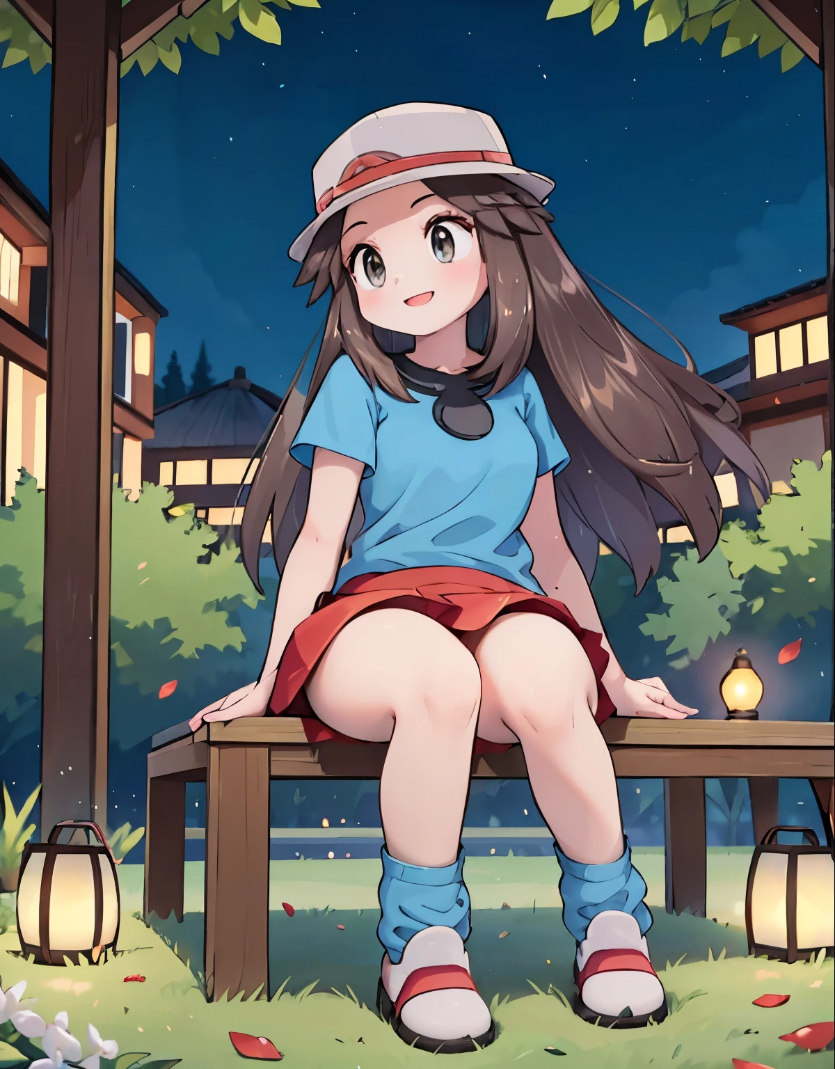 (best quality,4k,highres,masterpiece:1.2),ultra-detailed,realistic,photorealistic:1.37,leaf Pokemon,full body,curvy body,beautiful detailed eyes,long lashes,visible thighs,sitting,red skirt,blue shirt, loose socks, white footwear,knees together,smile,upskirt,white panties,on a picnic,night city,soft sunbeam lighting,beautifully lit skyscrapers,scenic city park,lush green grass,gentle breeze,peaceful atmosphere,crimson autumn leaves,sparkling city lights,colored lanterns,vibrant urban nightlife,tranquil picnic blanket,delicious food and drinks,laughs and conversations,joyful ambiance,stars twinkling overhead,nighttime tranquility