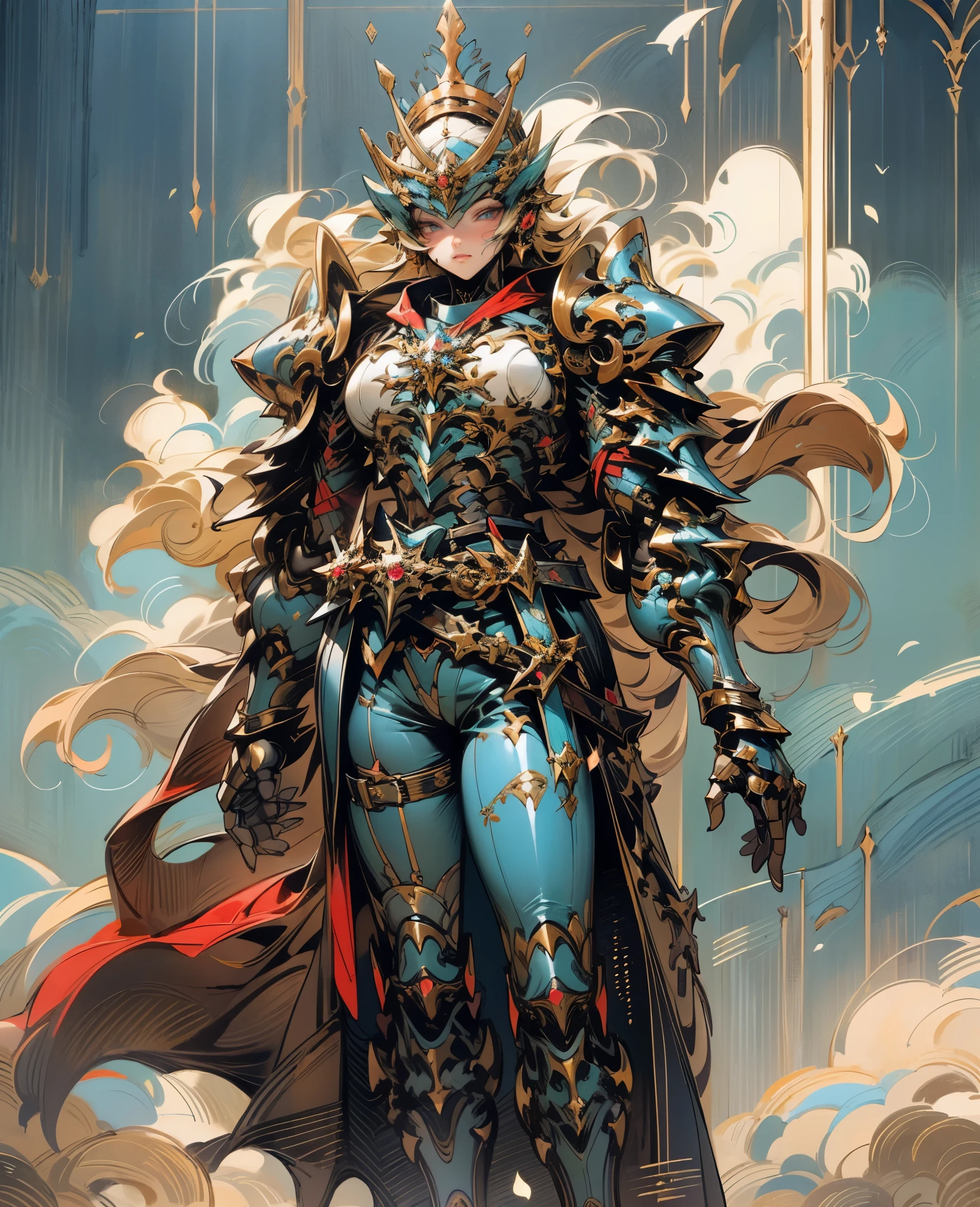 A woman adorned in fantasy-style full-body armor, a crown-concept fully enclosed helmet that unveils only her eyes, a composite layered chest plate, fully encompassing shoulder and hand guards, a lightweight waist armor, form-fitting shin guards, the overall design is heavy-duty yet flexible, the armor gleams with a golden glow, complemented by red and blue accents, exhibiting a noble aura, she floats above a fantasy-surreal high-tech city, this character embodies a finely crafted fantasy-surreal style armored hero in anime style, exquisite and mature manga art style, Queen Bee Concept Armor, ((goddess, femminine)), long legs, metallic, elegant, high definition, best quality, highres, ultra-detailed, ultra-fine painting, extremely delicate, professional, anatomically correct, symmetrical face, extremely detailed eyes and face, high quality eyes, creativity, RAW photo, UHD, 32k, Natural light, cinematic lighting, masterpiece-anatomy-perfect, masterpiece:1.5