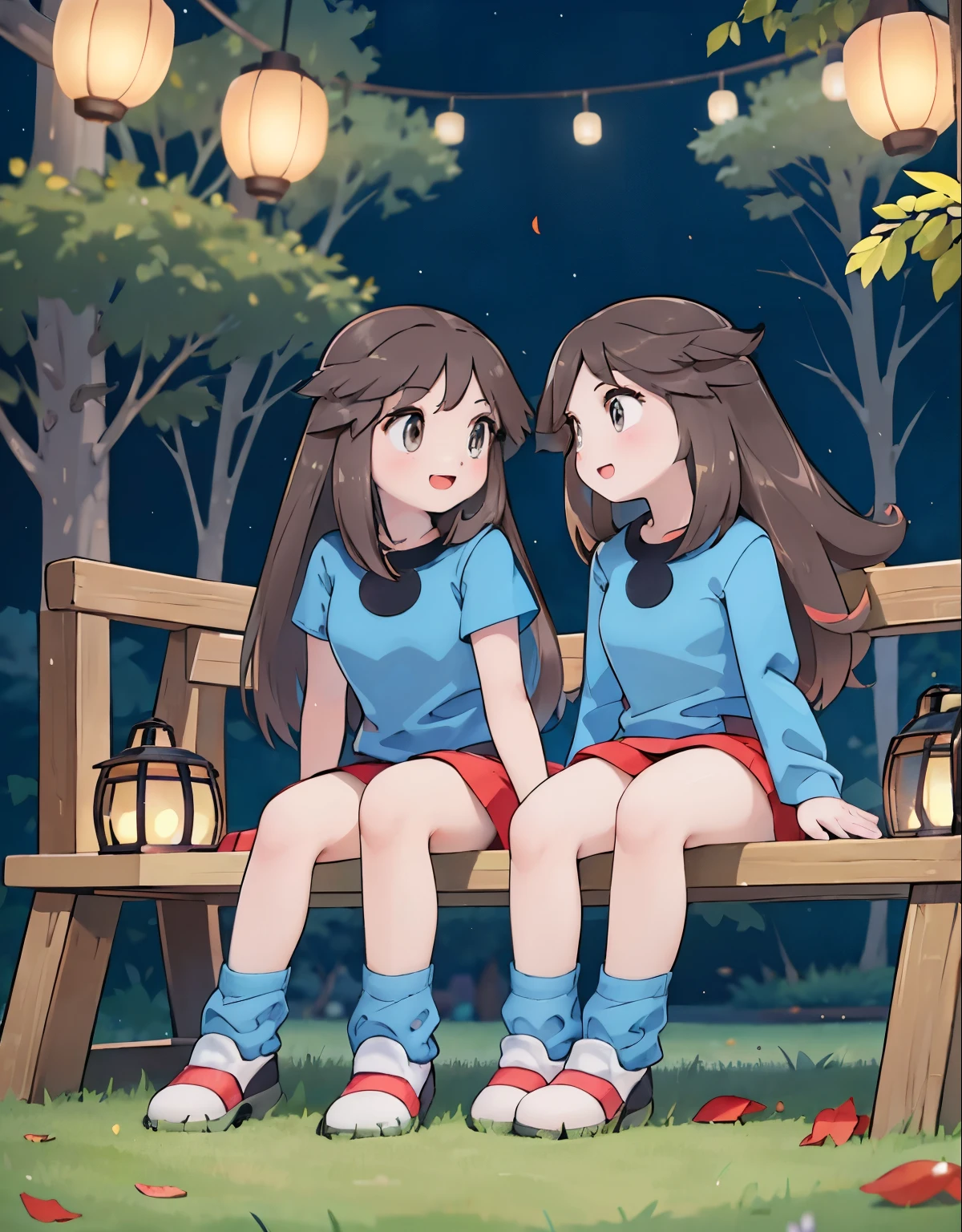 (best quality,4k,highres,masterpiece:1.2),ultra-detailed,realistic,photorealistic:1.37,leaf Pokemon,full body,curvy body,beautiful detailed eyes,long lashes,visible thighs,sitting,red skirt,blue shirt, loose socks, white footwear,knees together,smile,upskirt,white panties,on a picnic,night city,soft sunbeam lighting,beautifully lit skyscrapers,scenic city park,lush green grass,gentle breeze,peaceful atmosphere,crimson autumn leaves,sparkling city lights,colored lanterns,vibrant urban nightlife,tranquil picnic blanket,delicious food and drinks,laughs and conversations,joyful ambiance,stars twinkling overhead,nighttime tranquility