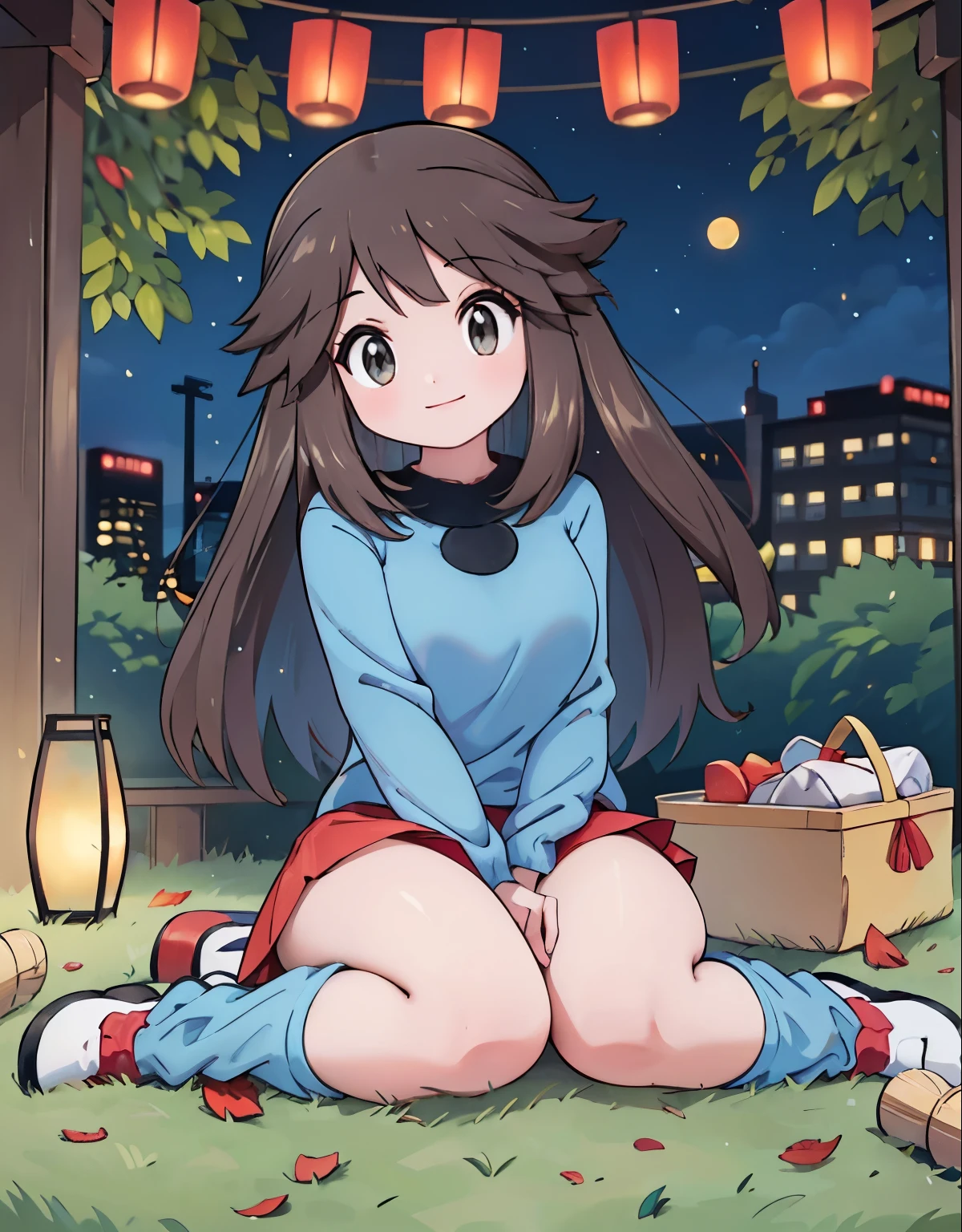 (best quality,4k,highres,masterpiece:1.2),ultra-detailed,realistic,photorealistic:1.37,leaf Pokemon,full body,curvy body,beautiful detailed eyes,long lashes,visible thighs,sitting,red skirt,blue shirt, loose socks, white footwear,knees together,smile,upskirt,white panties,on a picnic,night city,soft sunbeam lighting,beautifully lit skyscrapers,scenic city park,lush green grass,gentle breeze,peaceful atmosphere,crimson autumn leaves,sparkling city lights,colored lanterns,vibrant urban nightlife,tranquil picnic blanket,delicious food and drinks,joyful ambiance,stars twinkling overhead ,nighttime tranquility