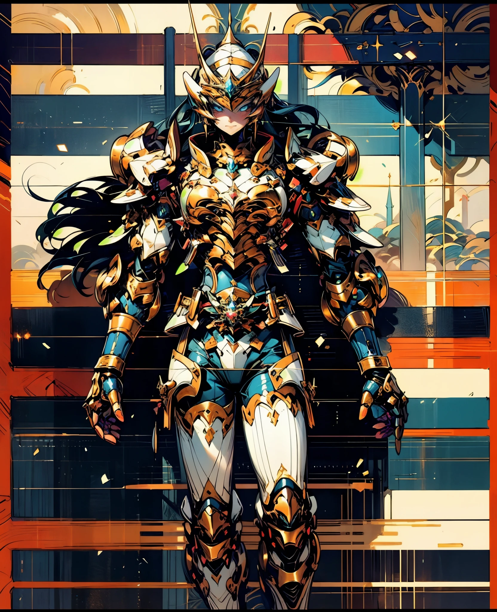 A woman adorned in fantasy-style full-body armor, a crown-concept fully enclosed helmet that unveils only her eyes, a composite layered chest plate, fully encompassing shoulder and hand guards, a lightweight waist armor, form-fitting shin guards, the overall design is heavy-duty yet flexible, the armor gleams with a golden glow, complemented by red and blue accents, exhibiting a noble aura, she floats above a fantasy-surreal high-tech city, this character embodies a finely crafted fantasy-surreal style armored hero in anime style, exquisite and mature manga art style, Queen Bee Concept Armor, ((goddess, femminine)), long legs, metallic, elegant, high definition, best quality, highres, ultra-detailed, ultra-fine painting, extremely delicate, professional, anatomically correct, symmetrical face, extremely detailed eyes and face, high quality eyes, creativity, RAW photo, UHD, 32k, Natural light, cinematic lighting, masterpiece-anatomy-perfect, masterpiece:1.5