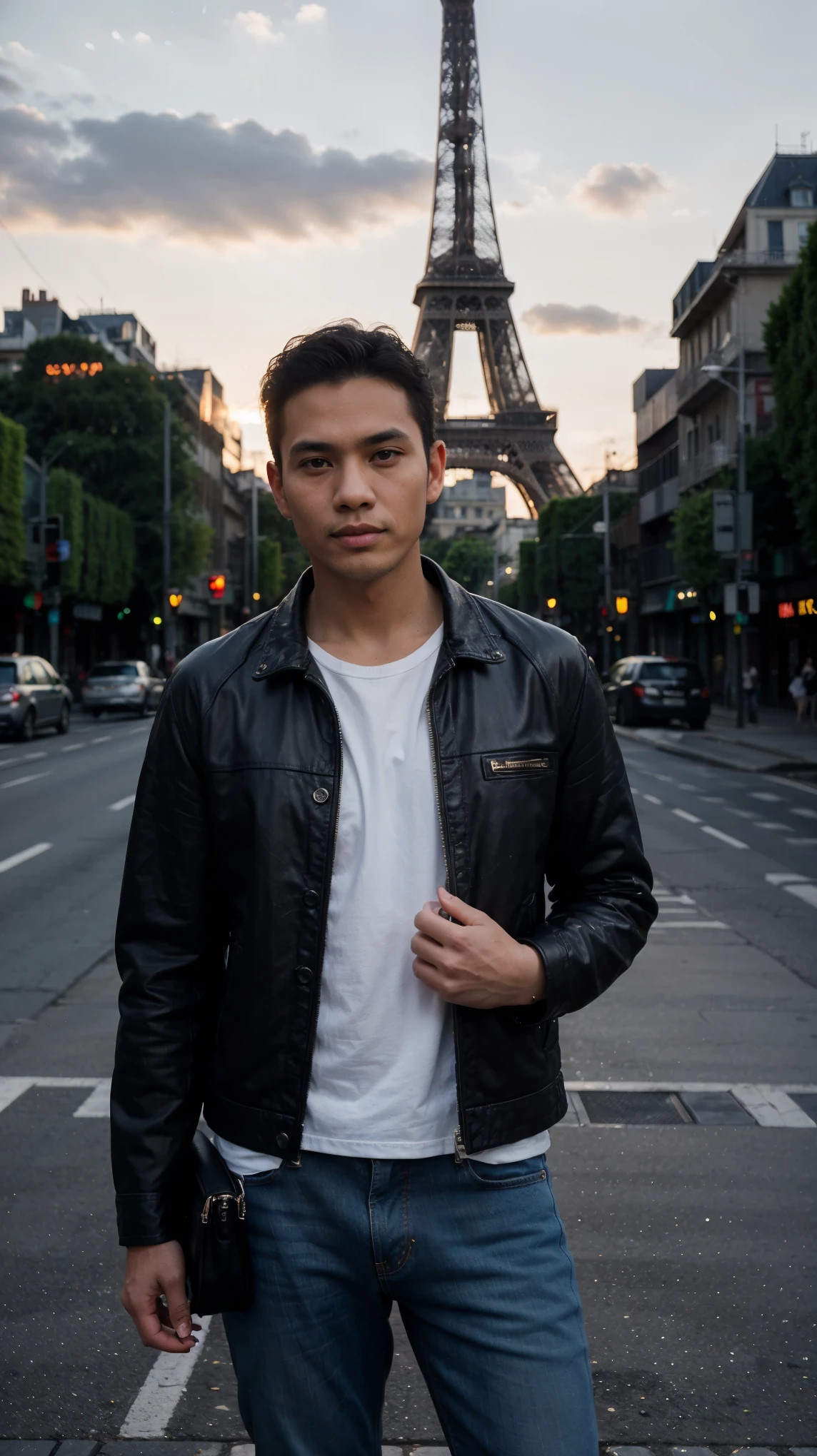 Handsome Indonesian Sumatera man (36 years old, oval and clean face, ideal body, jeans, Indonesian leather, wearing denim jacket and black bag, standing pose, photographic style front photo, visible face, view of the Eiffel Tower right behind him, lights on around him street and city, standing somewhere on the Paris Bridge, it's the atmosphere approaching sunset.ultra HD, original photo, very detailed, very sharp, 18mm lens, realistic, photography, leica camera