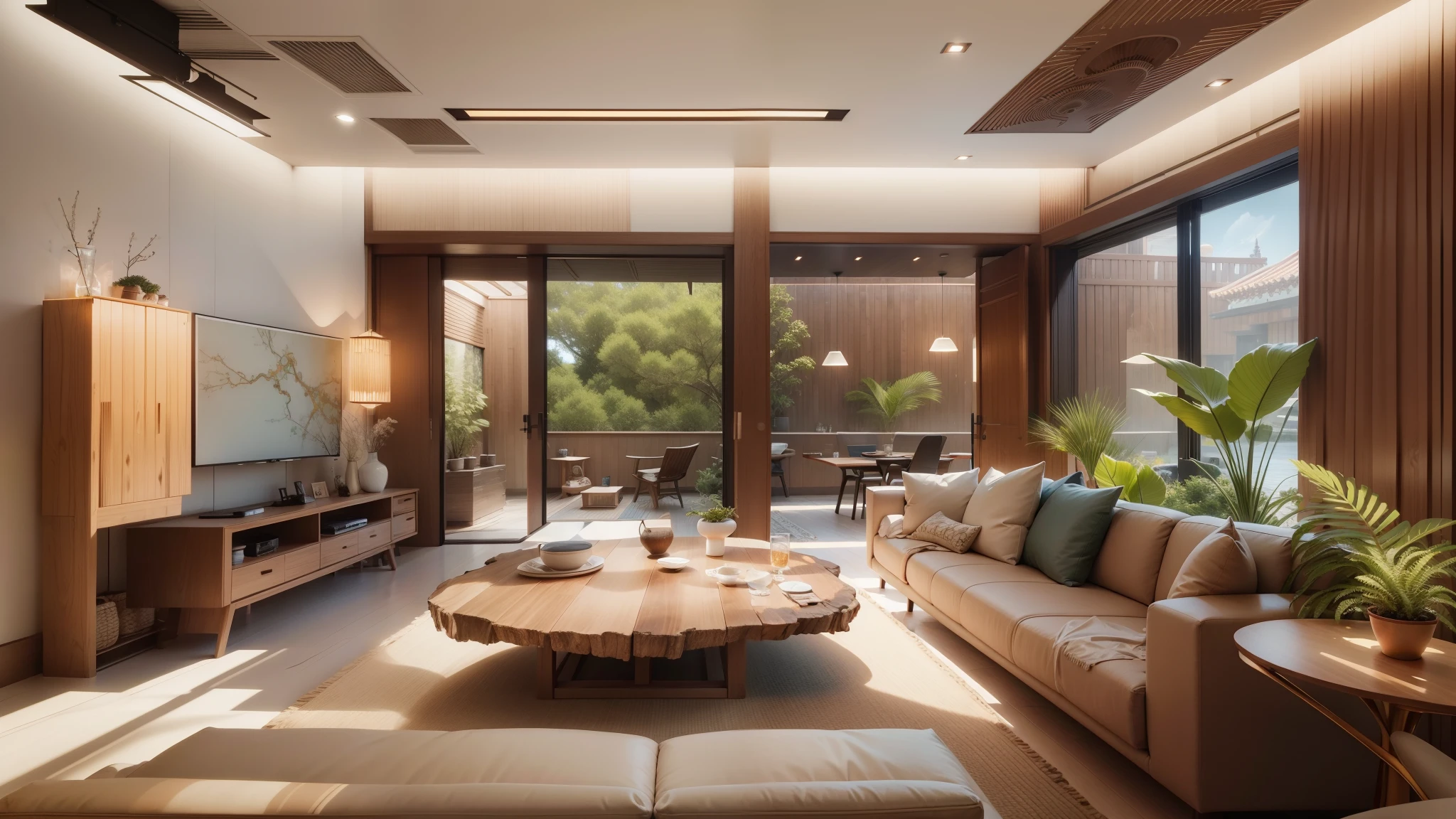 Design de interiores、Insanely detailed wide-angle architectural photo、cozy contemporary living room、(Luz solar brilhante e quente 1:0.1)、Award-winning contemporary Design de interiores、paisagens、A mesa、uma cadeira、em uma casa、pavimento de madeira、janela、resturant、east asian east asian architecture、portas de papel deslizantes、abajur、architectural、o bosque、natural、Cups、Uma planta、Design de interiores、Insert lighting and shadows、profundidade de campos、low illuminance、
