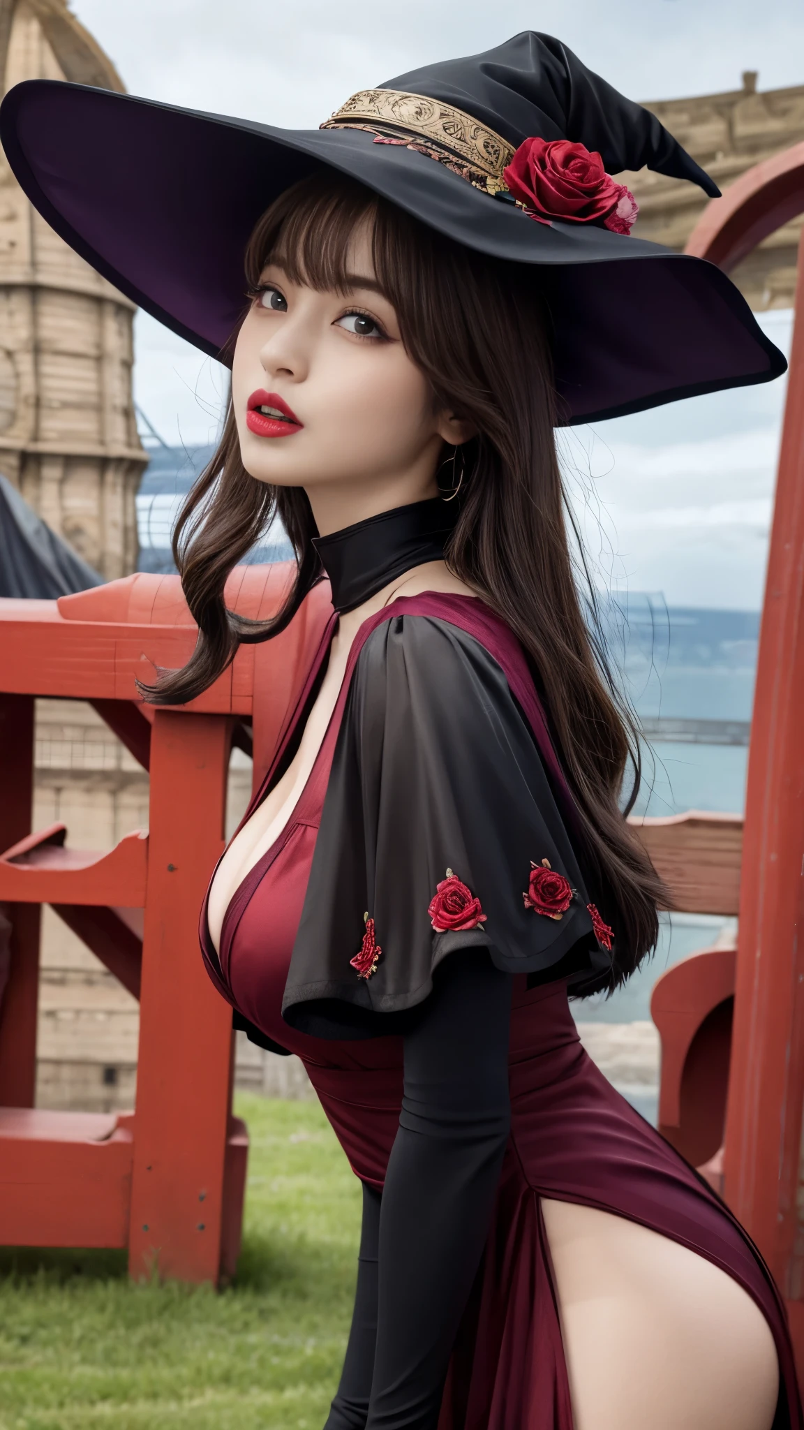a beautiful girl, perfect face, arms at sides, masterpiece, ultra high res, high quality, 4k, full body:1.5, lisa (genshin impact), crimson red witch hat, green eyes, black hair, (PureErosFace_V1:0.008), (european:1.6), bangs, dress, rose, jewelry, witch, capelet, purple headwear, black gloves, purple flower, hair between eyes, purple rose, parted lips, crimson red capelet, hat flower, crimson red dress, hair ornament, windmill, from side,