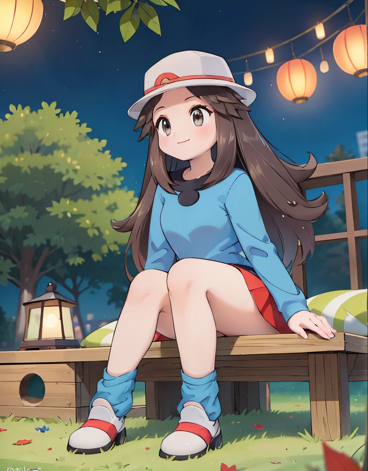 (best quality,4k,highres,masterpiece:1.2),ultra-detailed,realistic,photorealistic:1.37,leaf Pokemon,full body,curvy body,beautiful detailed eyes,long lashes,visible thighs,sitting,red skirt,blue shirt, loose socks, white footwear,knees together,smile,upskirt,white panties,on a picnic,night city,soft sunbeam lighting,beautifully lit skyscrapers,scenic city park,lush green grass,gentle breeze,peaceful atmosphere,crimson autumn leaves,sparkling city lights,colored lanterns,vibrant urban nightlife,tranquil picnic blanket,delicious food and drinks,joyful ambiance,stars twinkling overhead ,nighttime tranquility