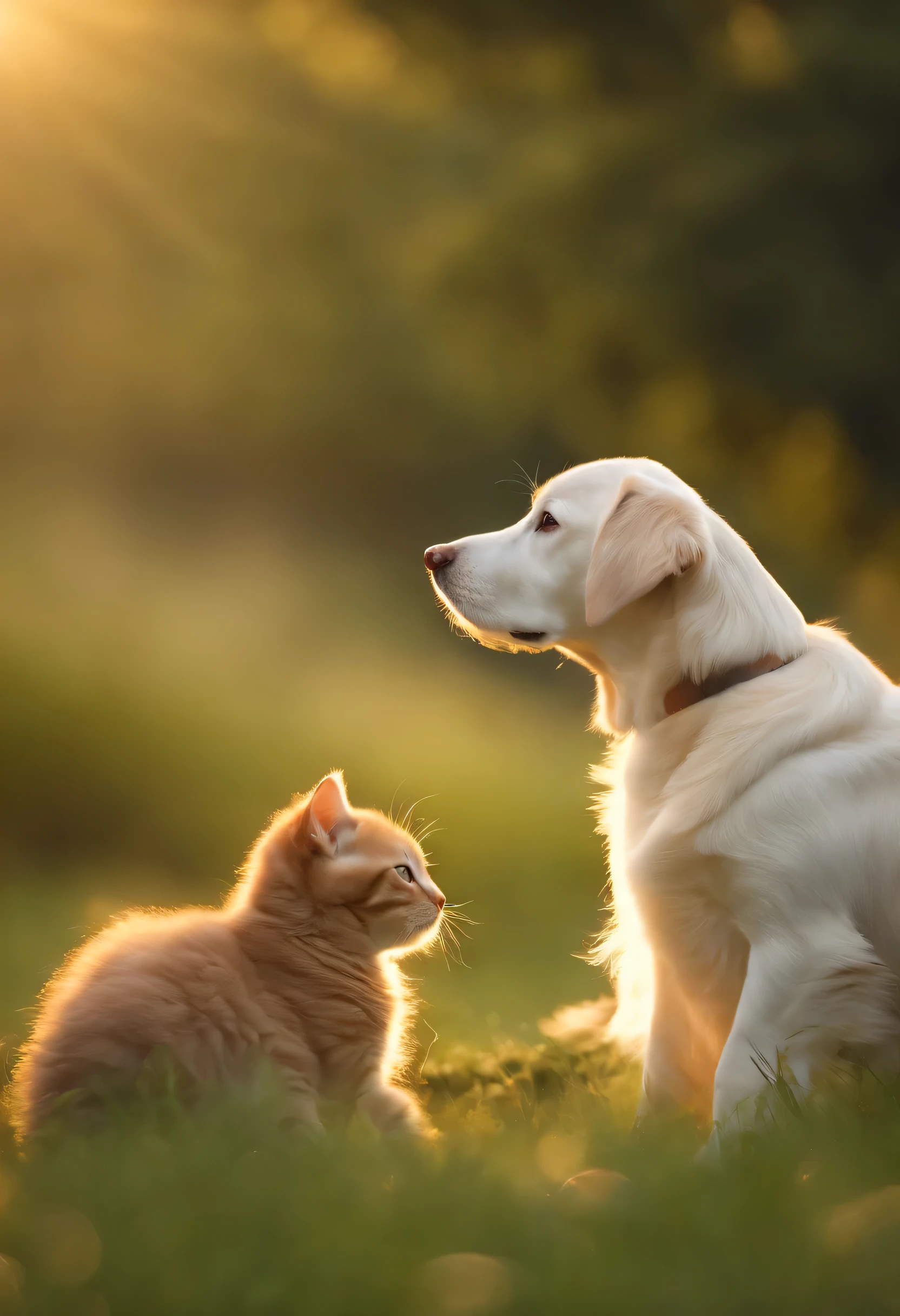 (ultra-detalhado, high resolution:1.2), realista, pele detalhada, cachorros e gatos juntos, grama verdejante, peaceful meadow, luz solar suave, paleta de cores quentes, joyful interaction, bonito e inocente, cena harmoniosa, amizade animal, sala roxa, cor roxa de fundo, 4k