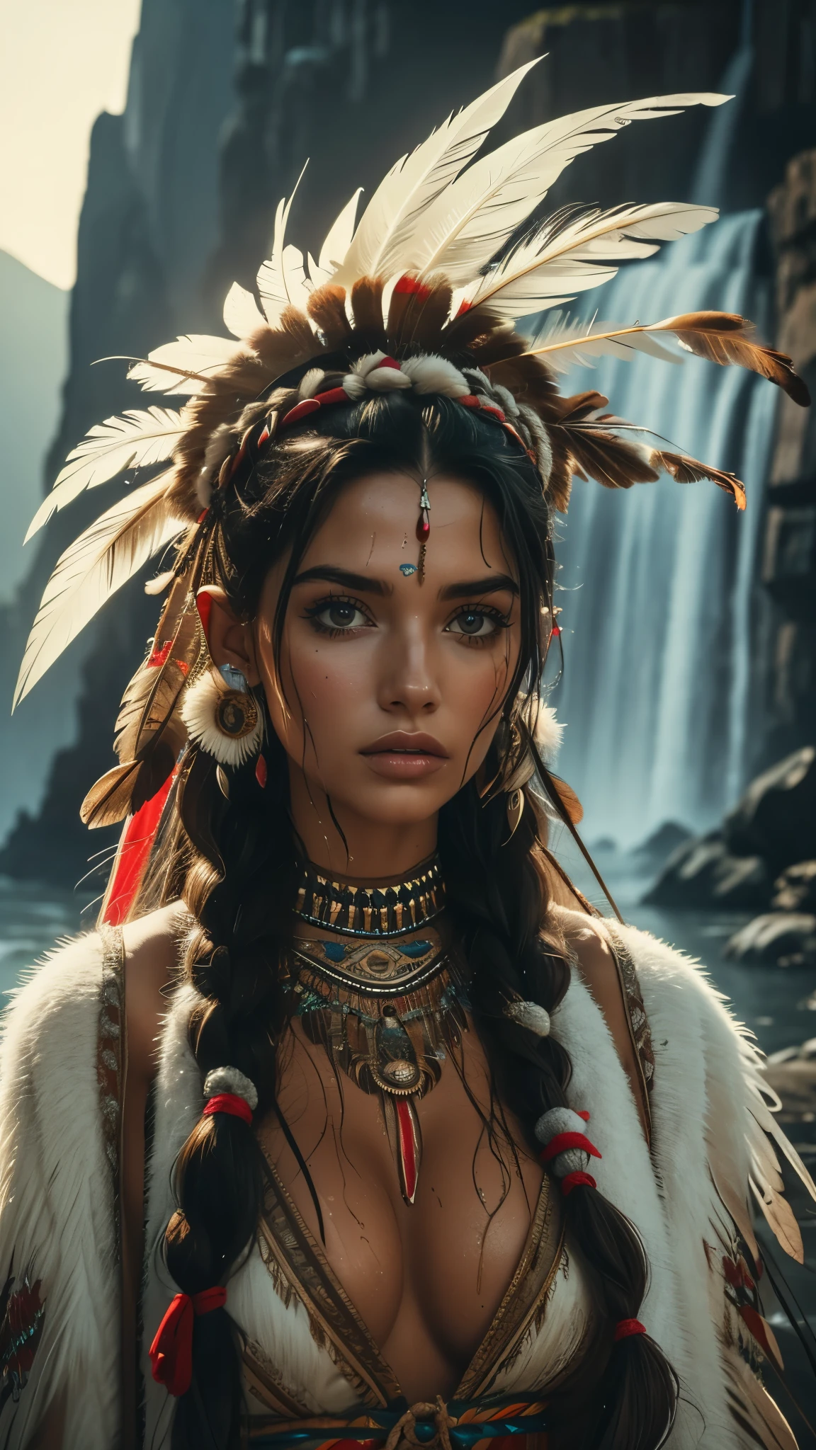 (((ultra realistic))), ((ultra-detailed face and eyes: 1.3)) ,(native girl), with very long thick hair, (feathers in hair), ((few clothes)) , ((indigenous clothing)) , slender body, (wet skin and clothes) , Near the waterfall, rain, mysterious dark atmosphere (In the moonlight, night, shadow), contrasting, ((ultra-detailed)), ((Skin detailing)), (scene from a movie about ancient people), (Dark color scheme) 