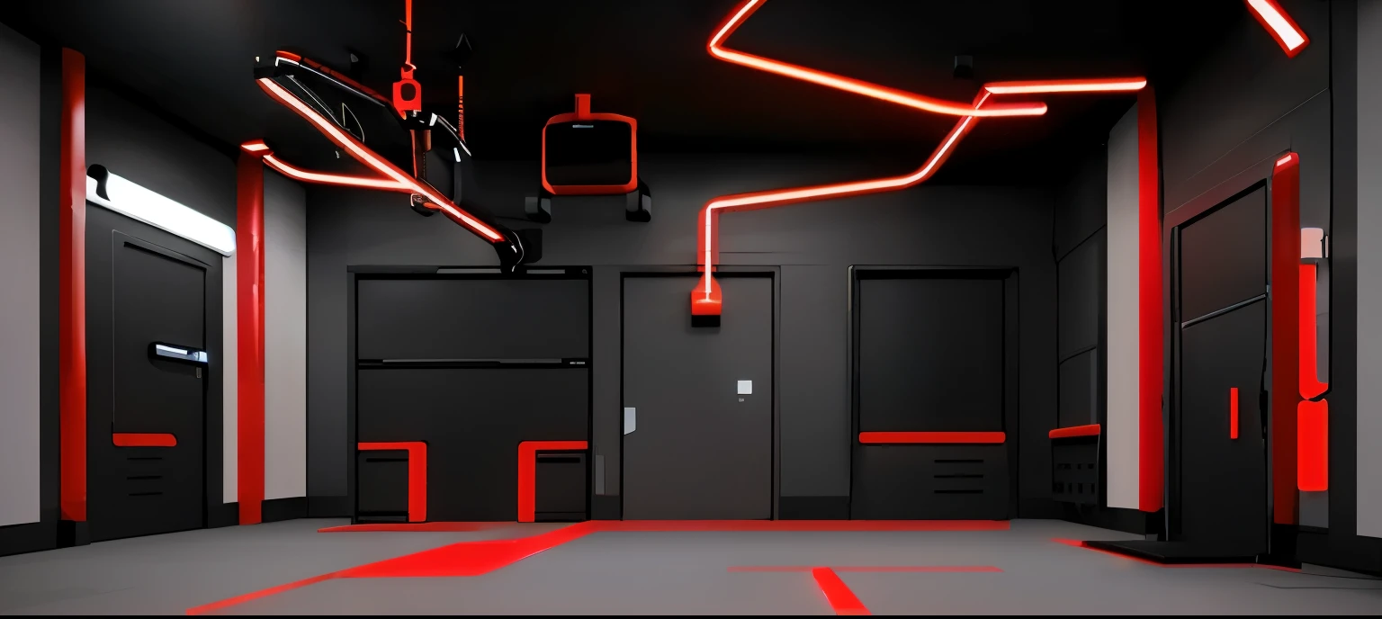 there is a Vermelho and black room with a Vermelho floor, Vermelho neon lights inside it, em um quarto futurista escuro, volumetric lighting. Vermelho, mechanical features and neon, Vermelho neon lights, em uma sala com tema cyberpunk, neon basement, fundo neon-noir, Vermelho neon light, lined with neon tube lights, cyber neon lighting, stylized neon, dark neon lighting