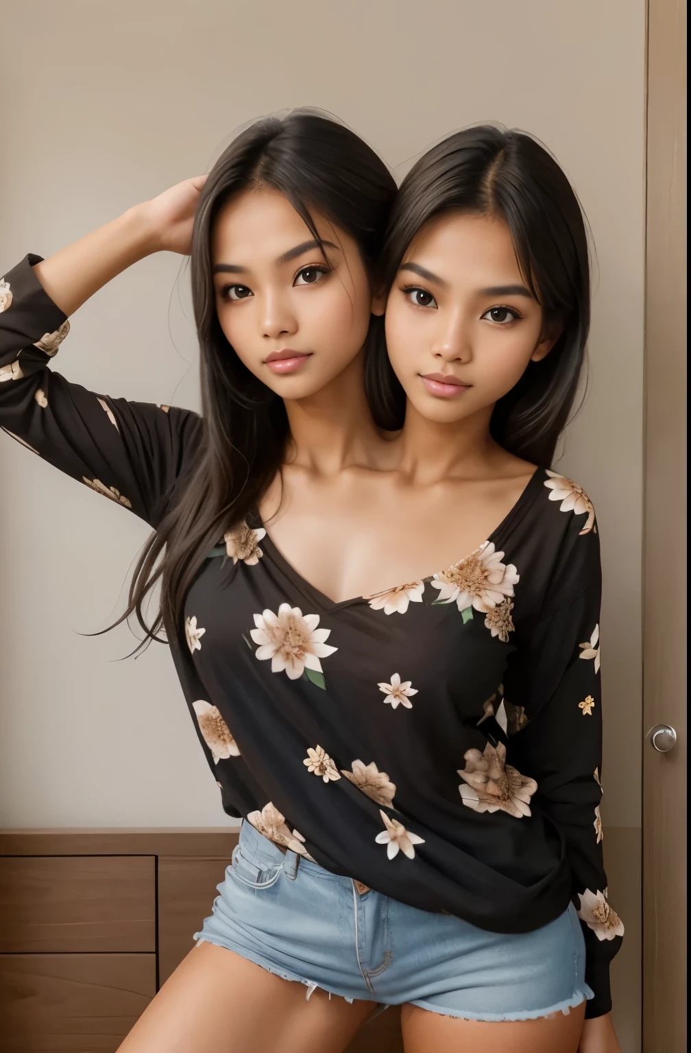 best resolution, (two_heads:1.2), philipina woman with two heads, 21 years old, brown hair, dark skin, standing, youthful, staring at viewer