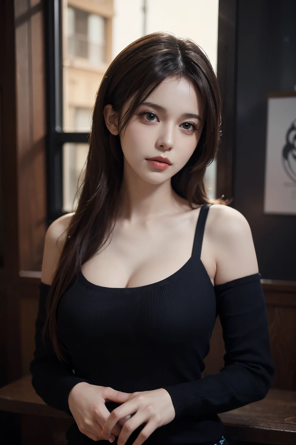 fantasy art, photorealism, dynamic lighting, art station, poster, volume lighting, highly detailed face, (official uniform: 1.4), long hair, sweater, delicate clavicle, bare shoulders, plump breasts