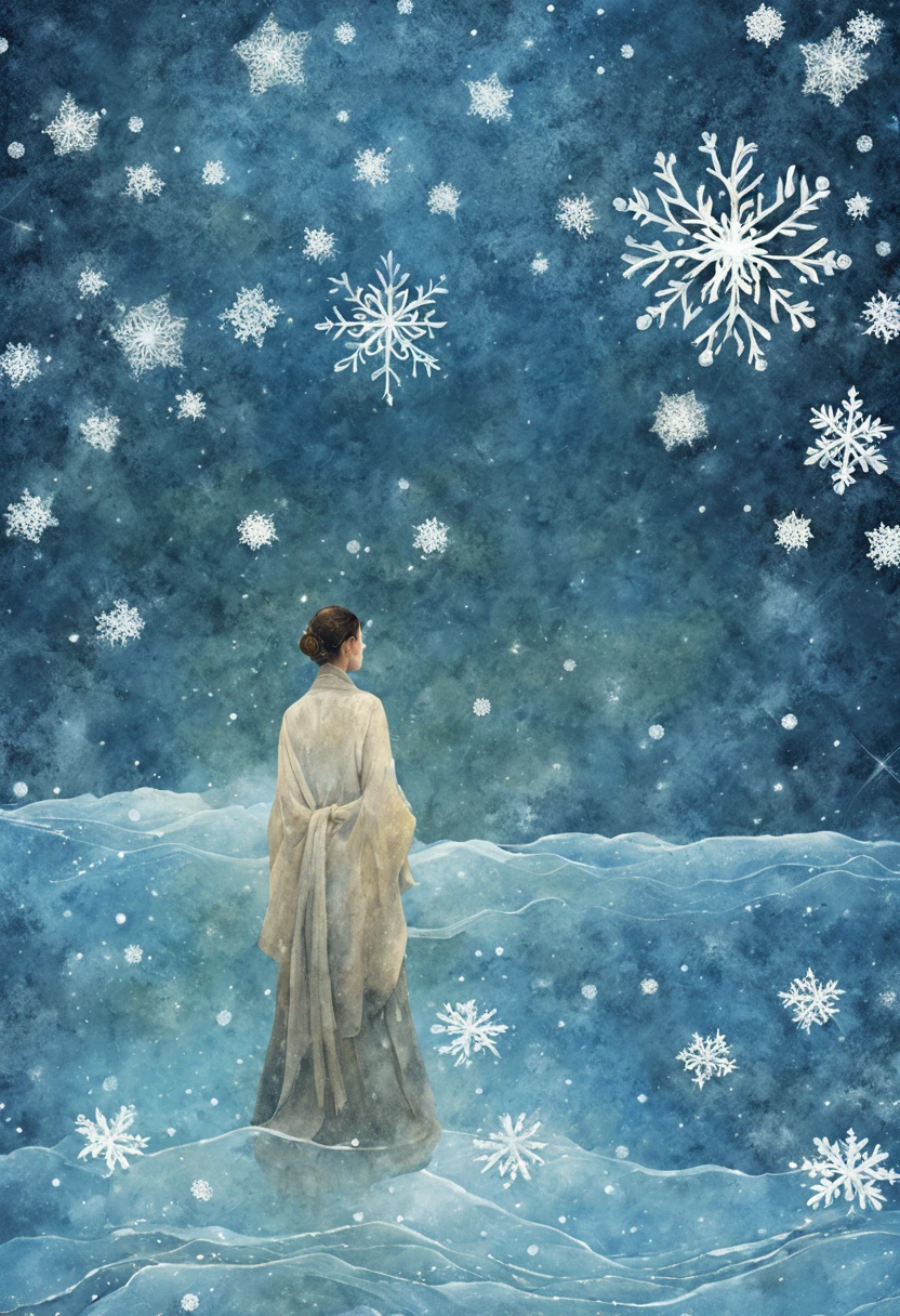 super fine illustration, best quality, Deep starry night sky, softly glowing river flow, Young man standing in the river, Transparent skin like ice, Snow crystals floating on the river's surface, Young man's peeled skin turning into snow flakes, Floating snow crystals on the water, Birth of ice fishes from snow crystals, Swimming ice fishes, Serene expression on the young man's face, Tranquility of the river, Mystical scenery