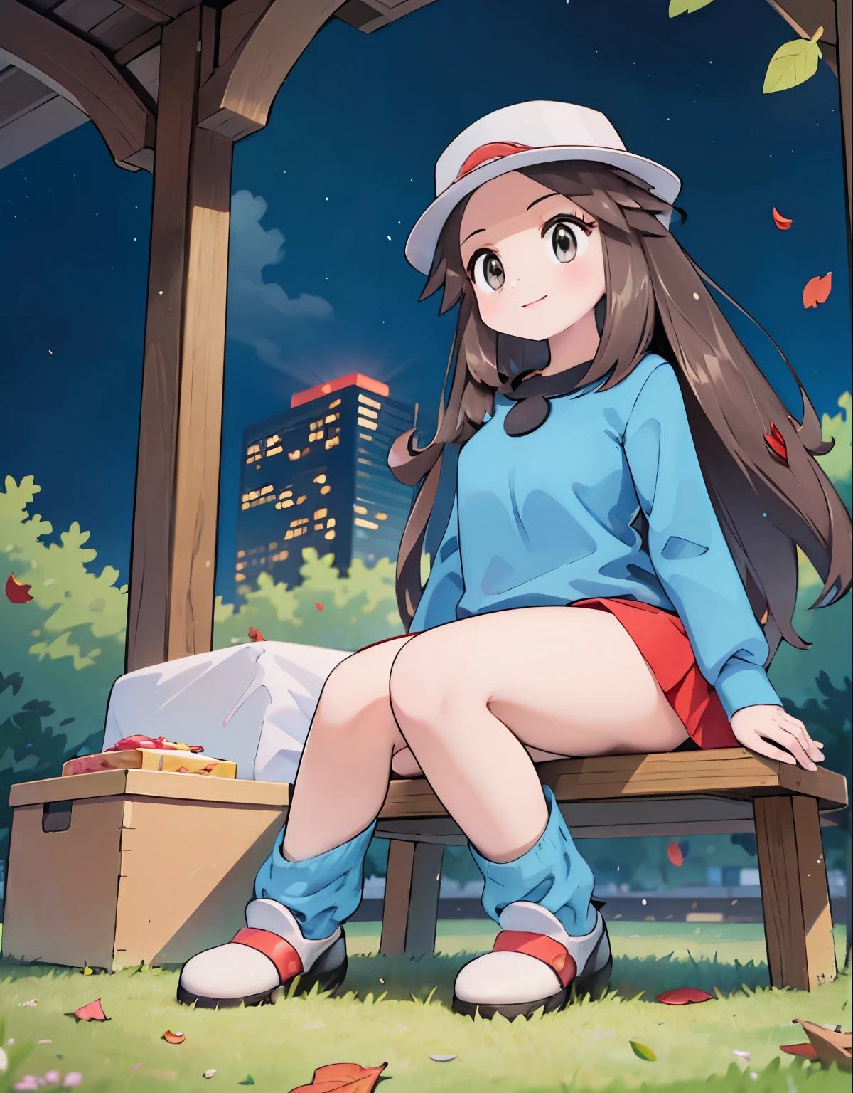 (best quality,4k,highres,masterpiece:1.2),ultra-detailed,realistic,photorealistic:1.37,leaf Pokemon,full body,curvy body,beautiful detailed eyes,long lashes,visible thighs,sitting,red skirt,blue shirt, loose socks, white footwear,knees together,smile,upskirt,white panties,on a picnic,night city,soft sunbeam lighting,beautifully lit skyscrapers,scenic city park,lush green grass,gentle breeze,peaceful atmosphere,crimson autumn leaves,sparkling city lights,sky full of stars,vibrant urban nightlife,tranquil picnic blanket,delicious food and drinks,joyful ambiance,stars twinkling overhead ,nighttime tranquility