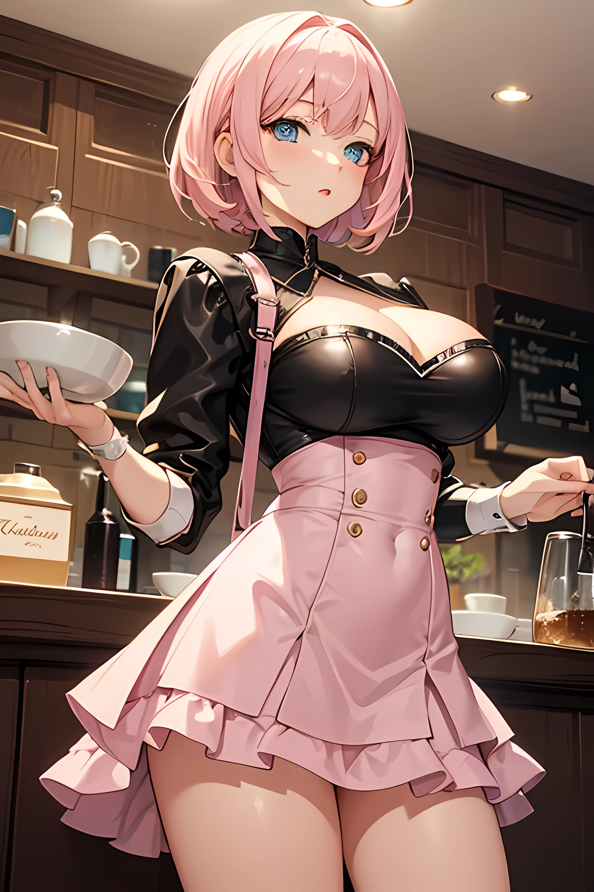 best quality, 4K wallpaper, masterpiece, extremely detailed CG unity 8k wallpaper, extremely detailed eyes, dynamic pose, ultra-detailed, intricate details, masterpiece, 1girl, very light pink hair, short hair, skindentation, best quality, expressive eyes, perfect face, soft pink lips, barista, detailed pink gingham mini skirt, detailed black leather corset top, detailed coffee shop, airy, light, large detailed blue eyes, large breasts, cleavage, thick thighs,