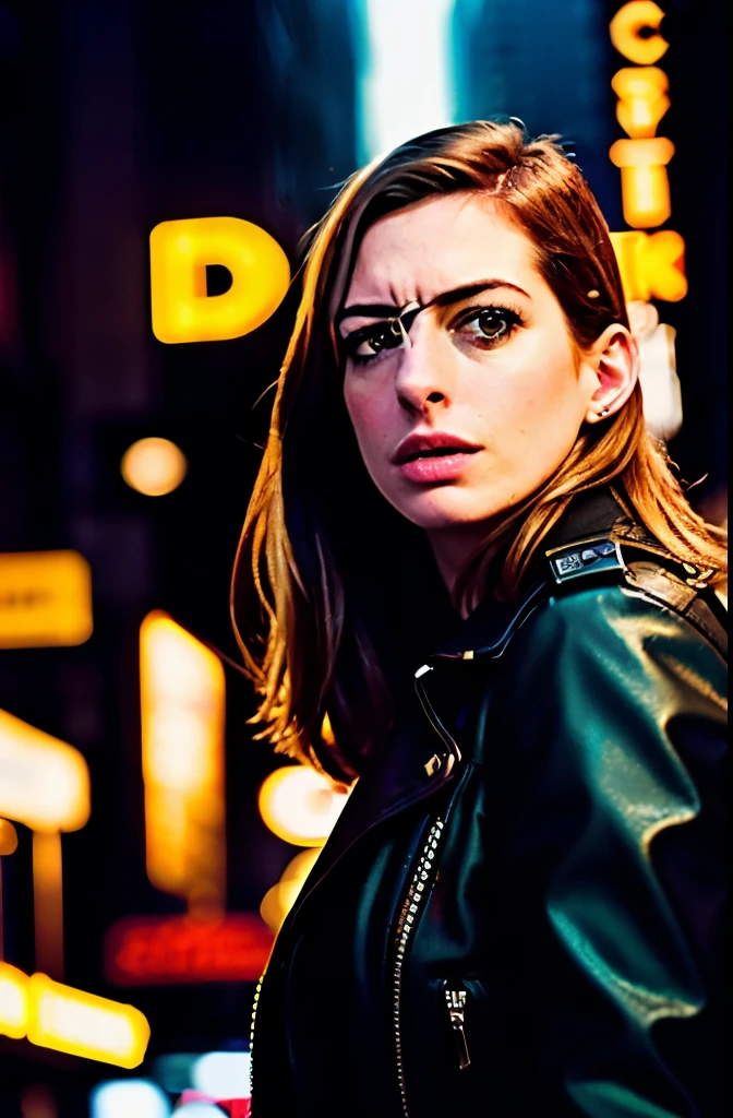 A tenacious female journalist Anne Hathaway uncovering a high-stakes conspiracy in a bustling metropolis, weaving through crowded streets and dark alleyways, close up, Detailed clothes, green eyes, flowing hair, determined expression, shiny glossy skin, subsurface scattering, (sharp:0.7), [(colorful explosion psychedelic paint colors:1.21)::0.05], amazing fine detail, Nikon D850 film stock photograph Kodak Portra 400 camera f1.6 lens, rich colors, lifelike texture, dramatic lighting, urban environment, skyscrapers, neon signs, street vendors, dynamic composition, unreal engine, trending on ArtStation, cinestill 800 tungsten