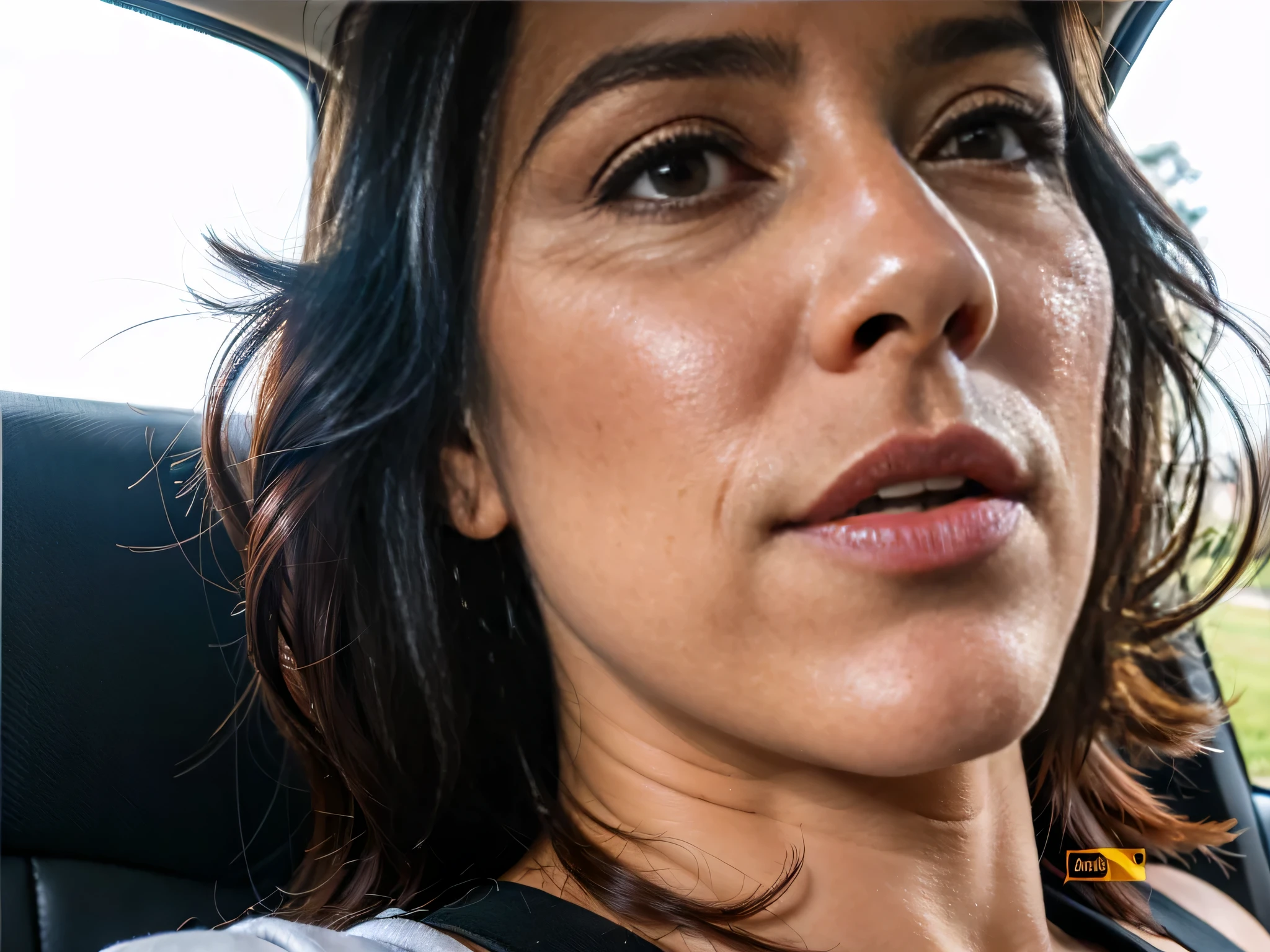 there is a woman sitting in a car with a cell phone, portrait of a Mulheres de 40 anos, Mulheres de 40 anos, foto granulada de uma mulher feia, sem maquiagem, mature facial features, retrato de rosto inteiro em close, mulher feia, neck widened from the lips down, Sandra Chevier, mulher de 3 0 anos